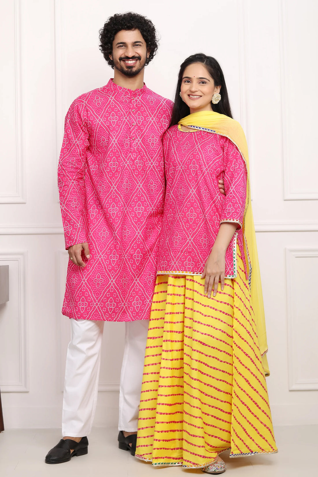 Fuchsia Jaipuri Kurta and Yellow Bandhani Lehenga Couple Set