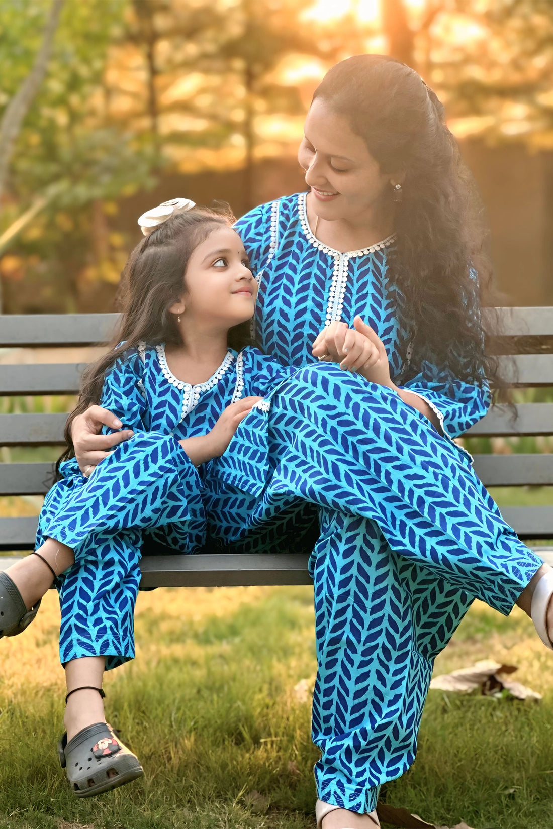 Blue & Navy Printed Suit Set For Mom And Daughter