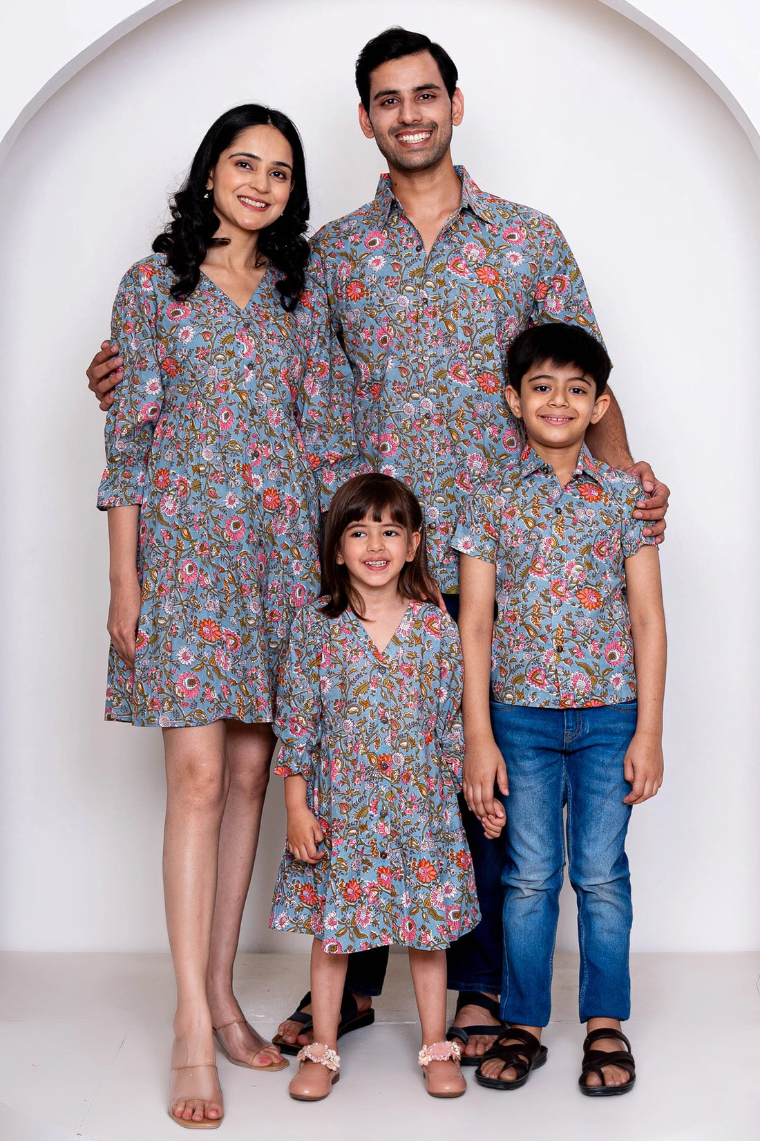 Grey floral Printed Family Sets with Matching Dress & shirts