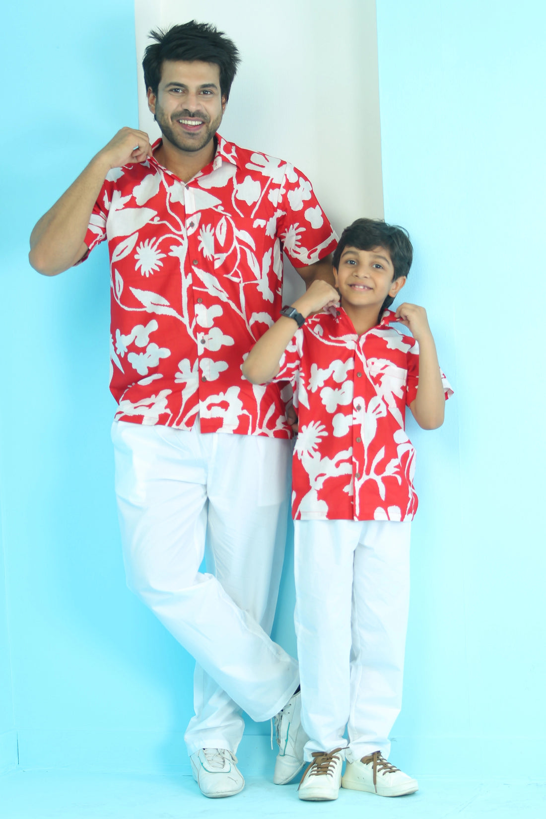 Red and White Floral Matching Shirts For Father and Son