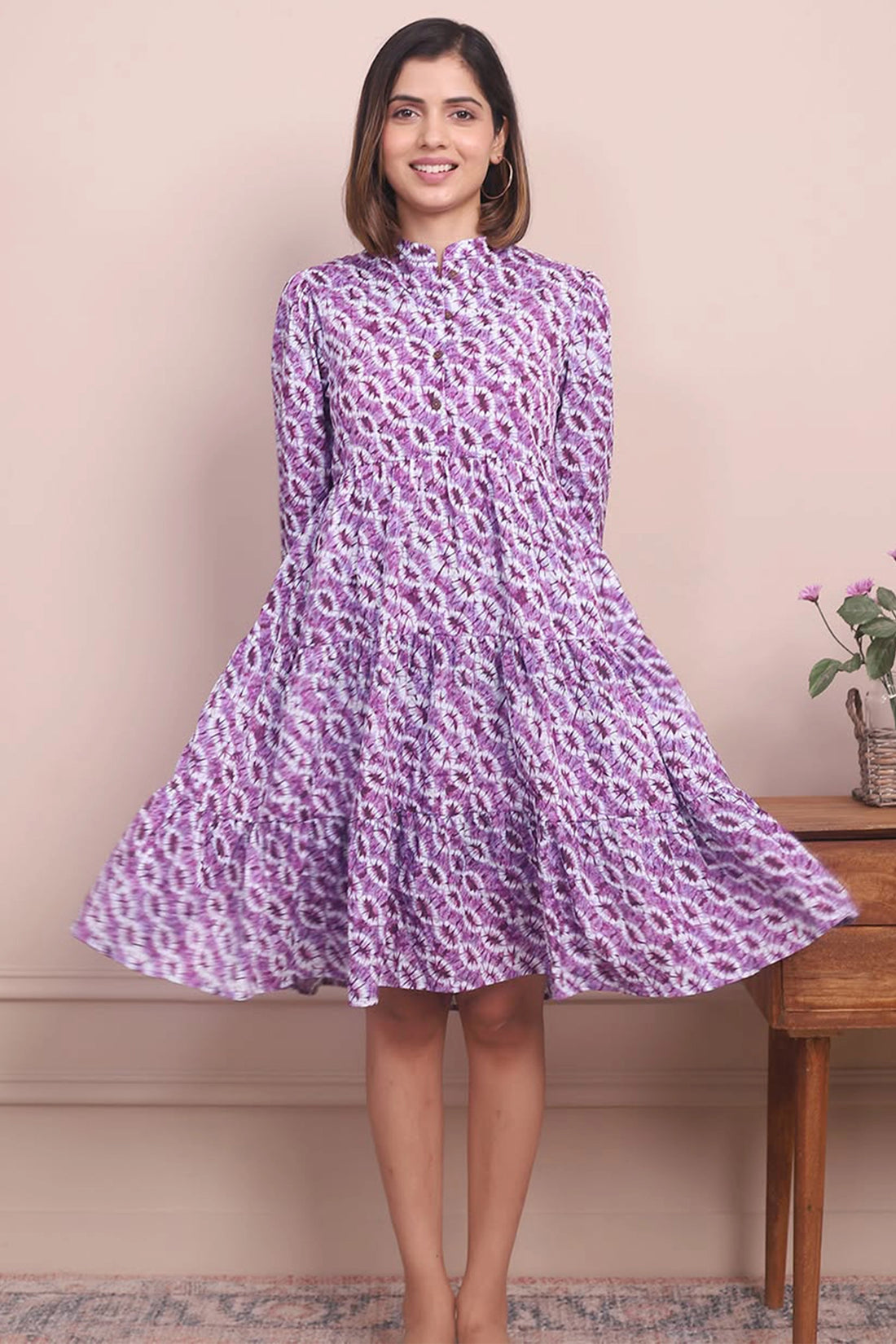 Twin Style Statements: Purple Cotton Collar Dresses for Mom and Daughter