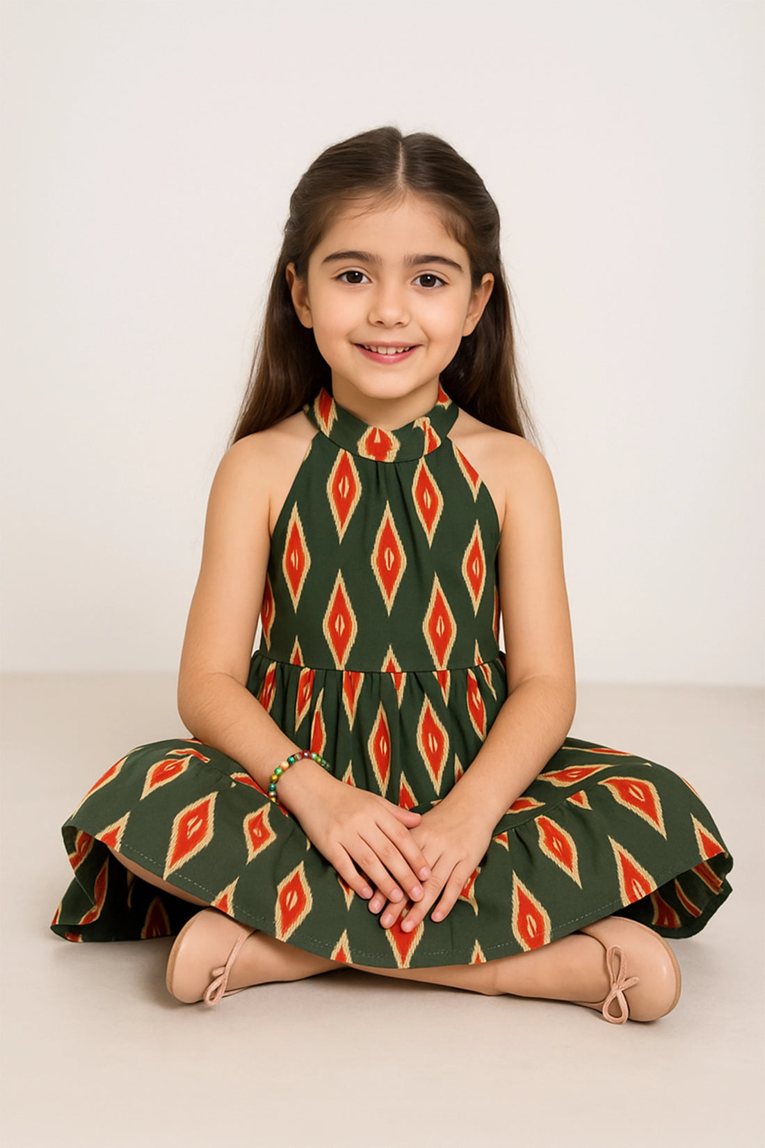 Green and Red Ikkat Halter Dress