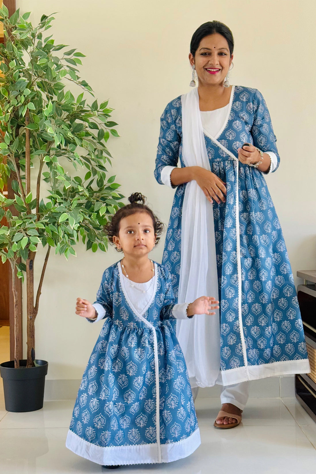 White And Blue Anarkha Kurta Set For Mom And Daughter
