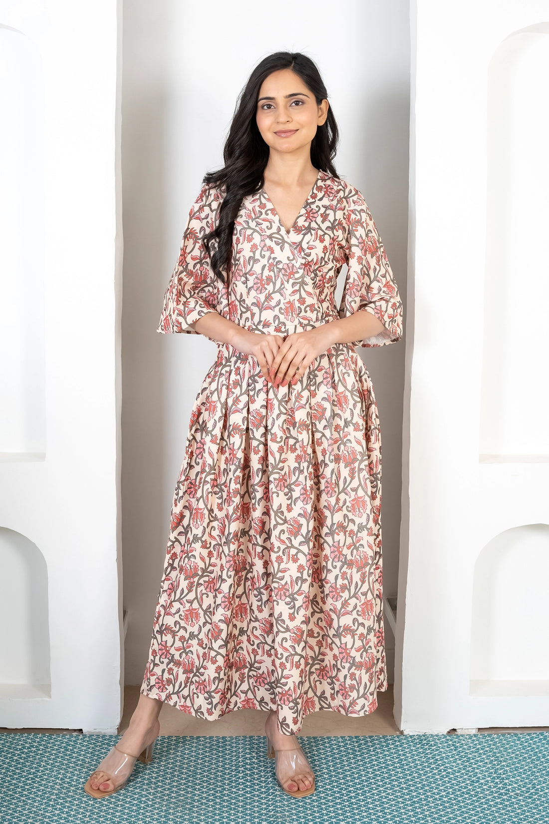 Comfy Cream and Red Floral Printed Maxi Dresses for Women