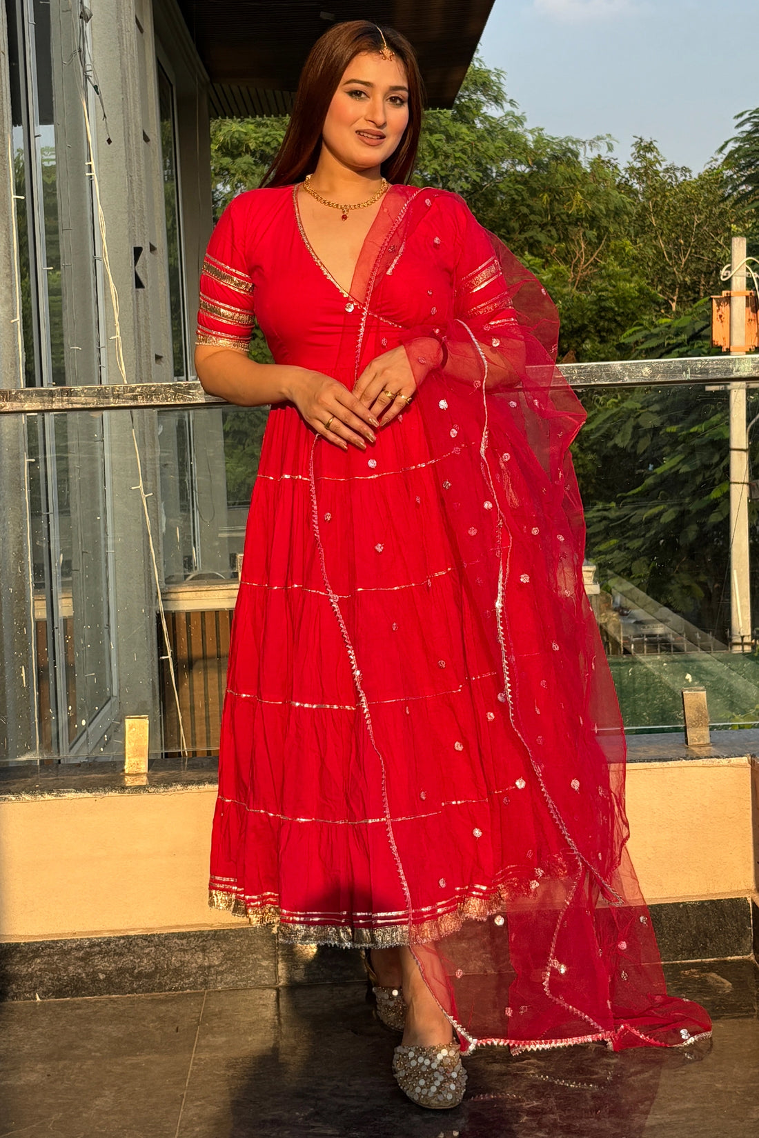 Red Anarkali Suit Set For Women