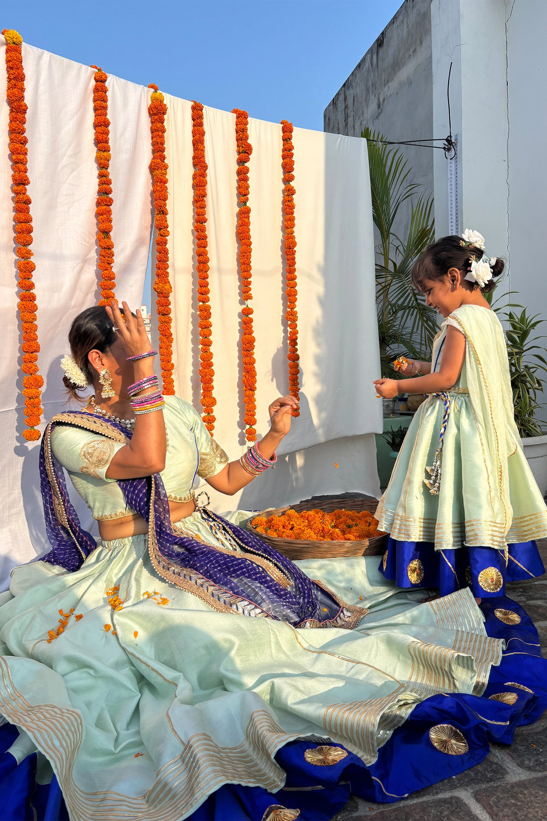 Mint & Royal Blue Tehri Ghera Lehenga Set For Mom & Daughter