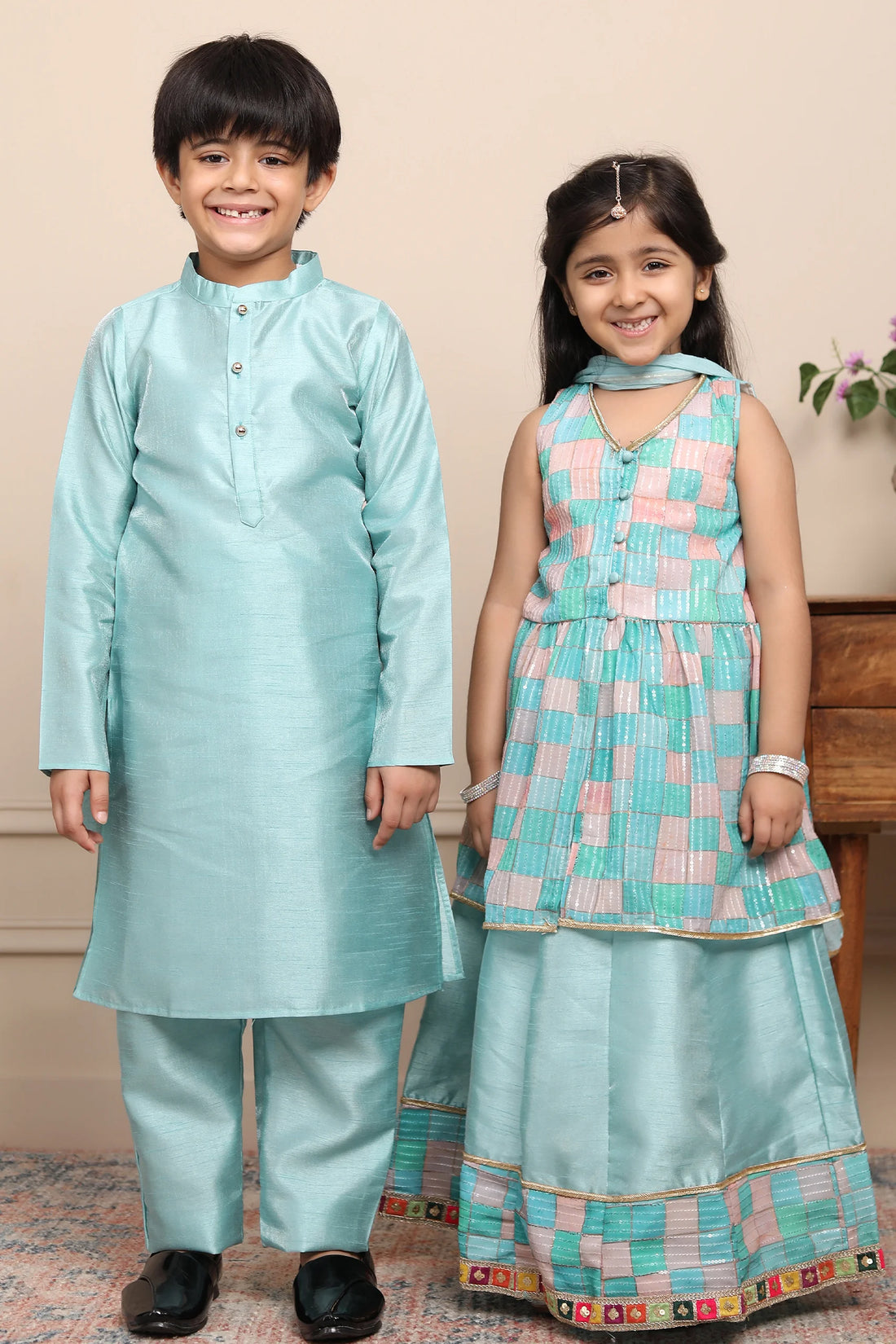 Shining Aqua Blue Lehenga and Peplum Top Twin Set with Matching Kurta Pyjama for Siblings