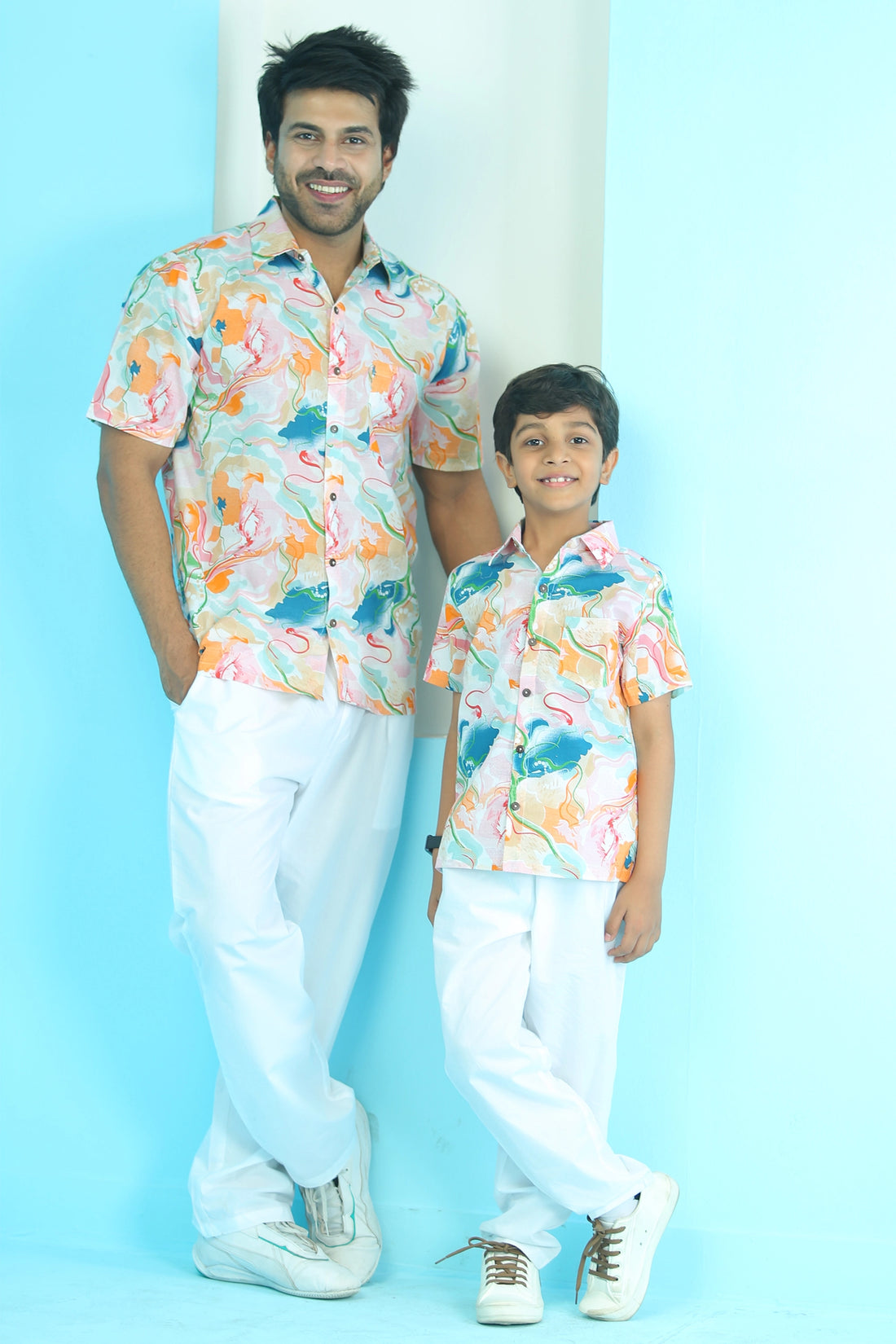 Exquisite White and Green Floral Printed Matching Shirts for Father and Son