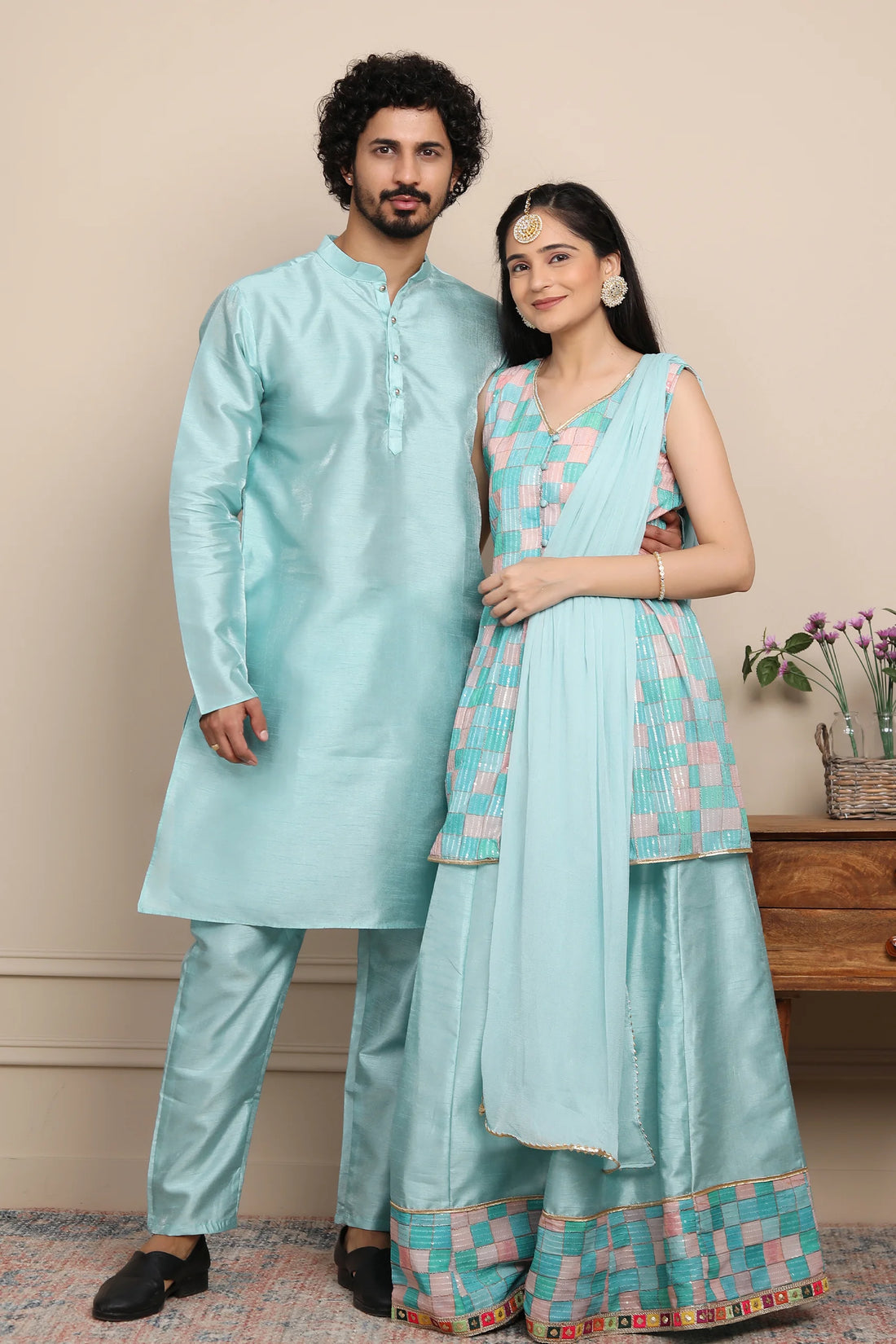 Aqua Blue Lehenga and Peplum Top Twin Set with Matching Kurta Pyjama Couple Set