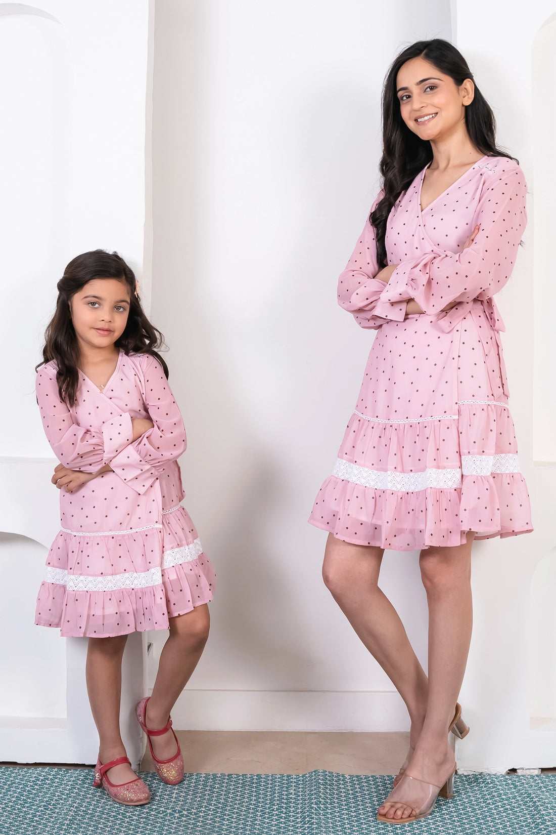 Matching Summer Wear Outfits: Rosy Pink and White Laced Dress for Mom and Daughter