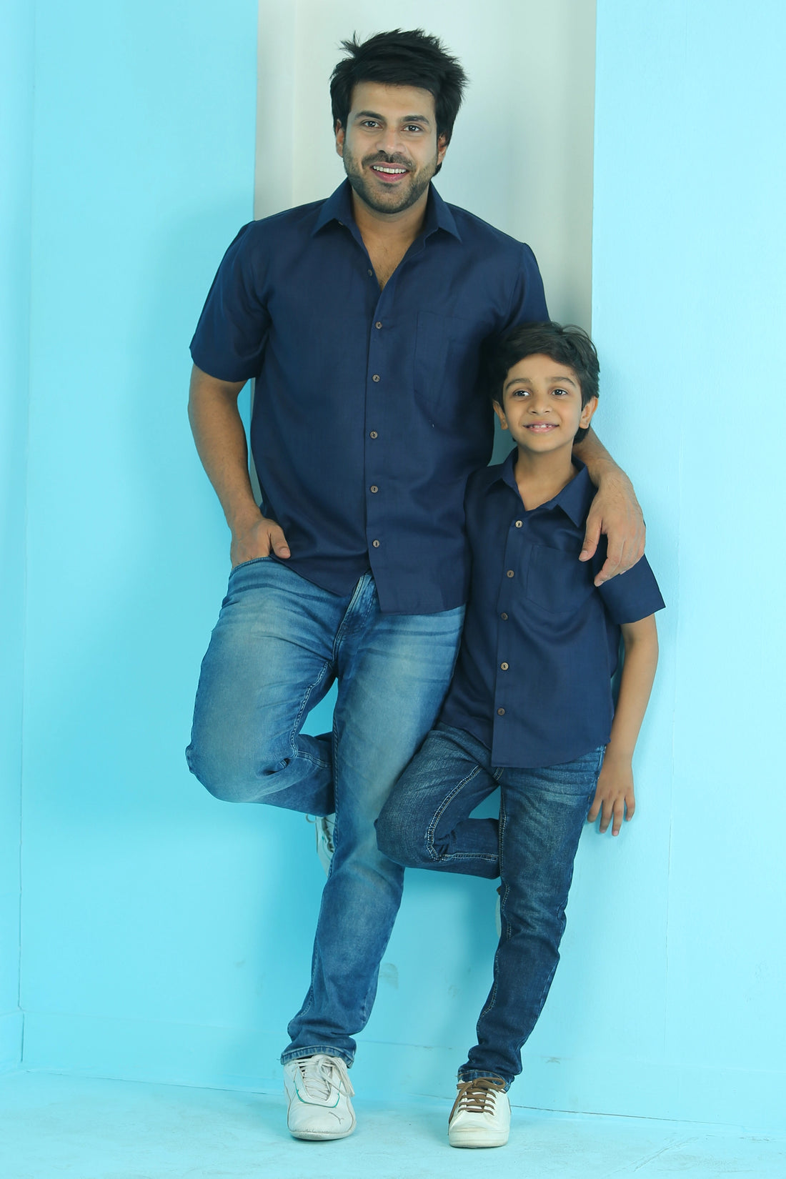 Elegant Plain Navy Blue Matching Shirts for Father and Son