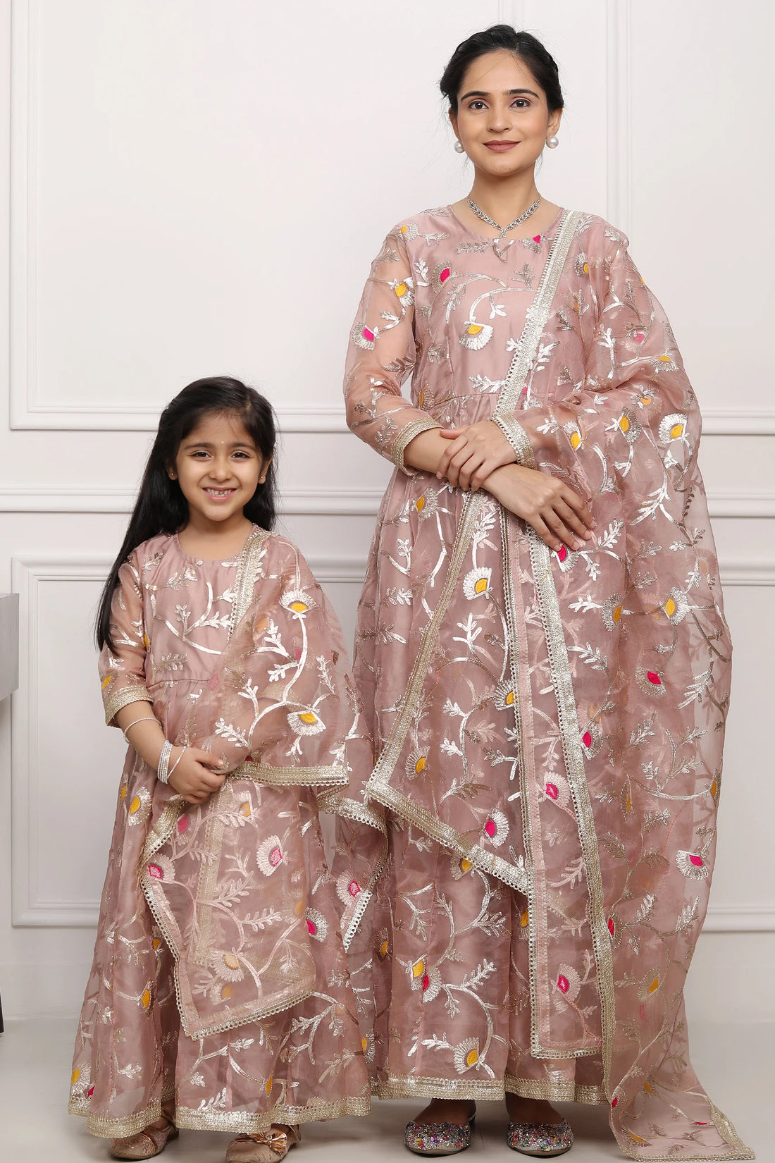 Ethnic Beige Gota Patti Gown : Mom & Daughter Twin Set