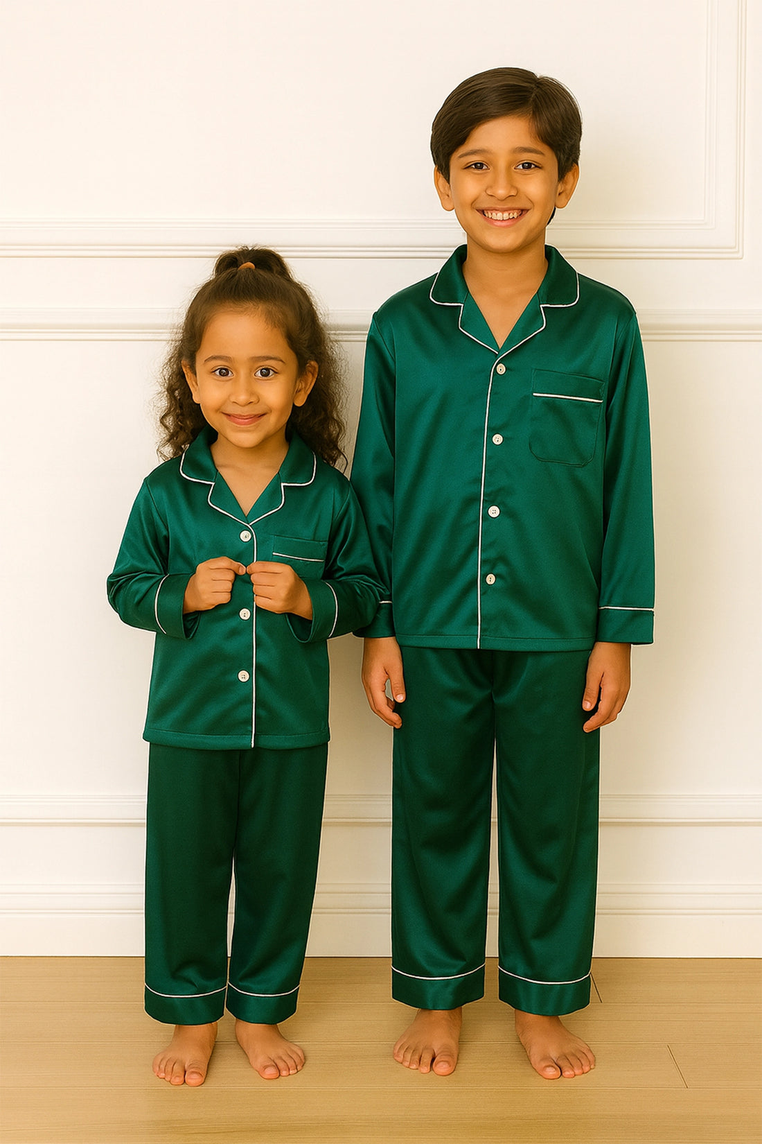 Green Satin Nightsuit set For Brother And Sister