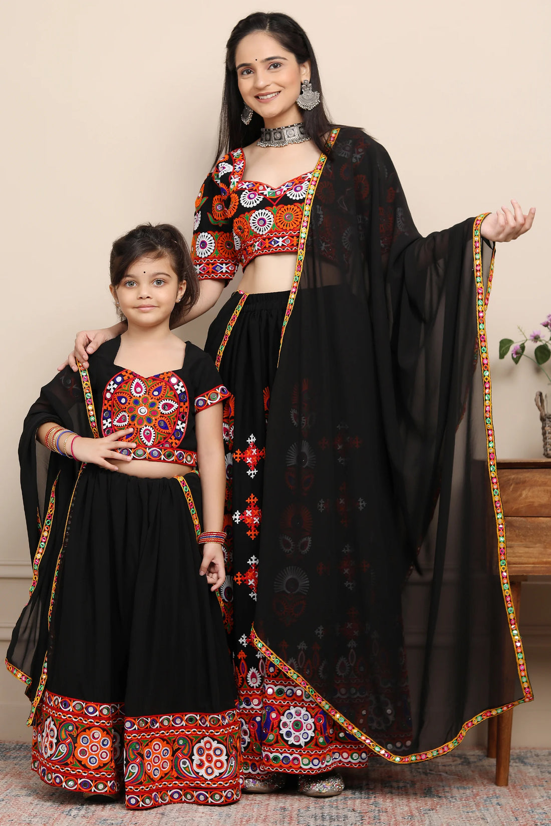 Exclusive Hand Embroidered Ethnic Black Chaniya Choli Set with Matching Dupatta Mom and Daughter Twin Set