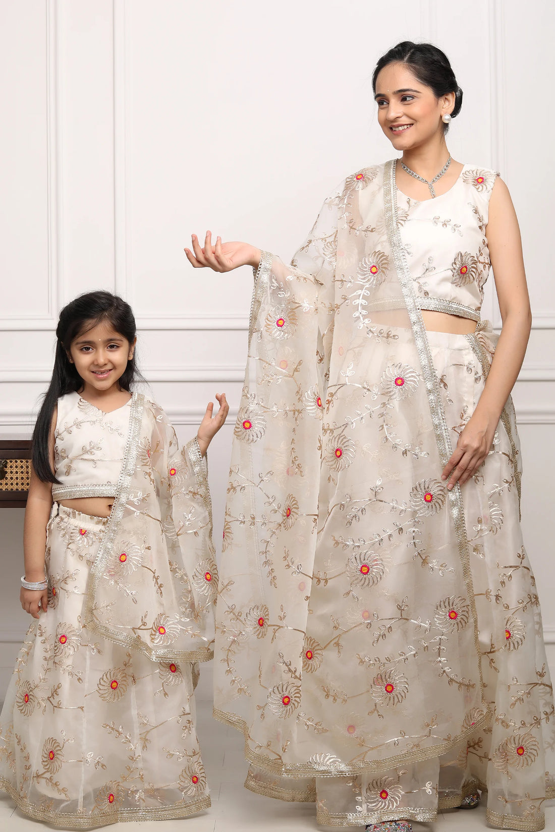 Ivory Gota Patti Lehenga Choli Set for Mom and Daughter