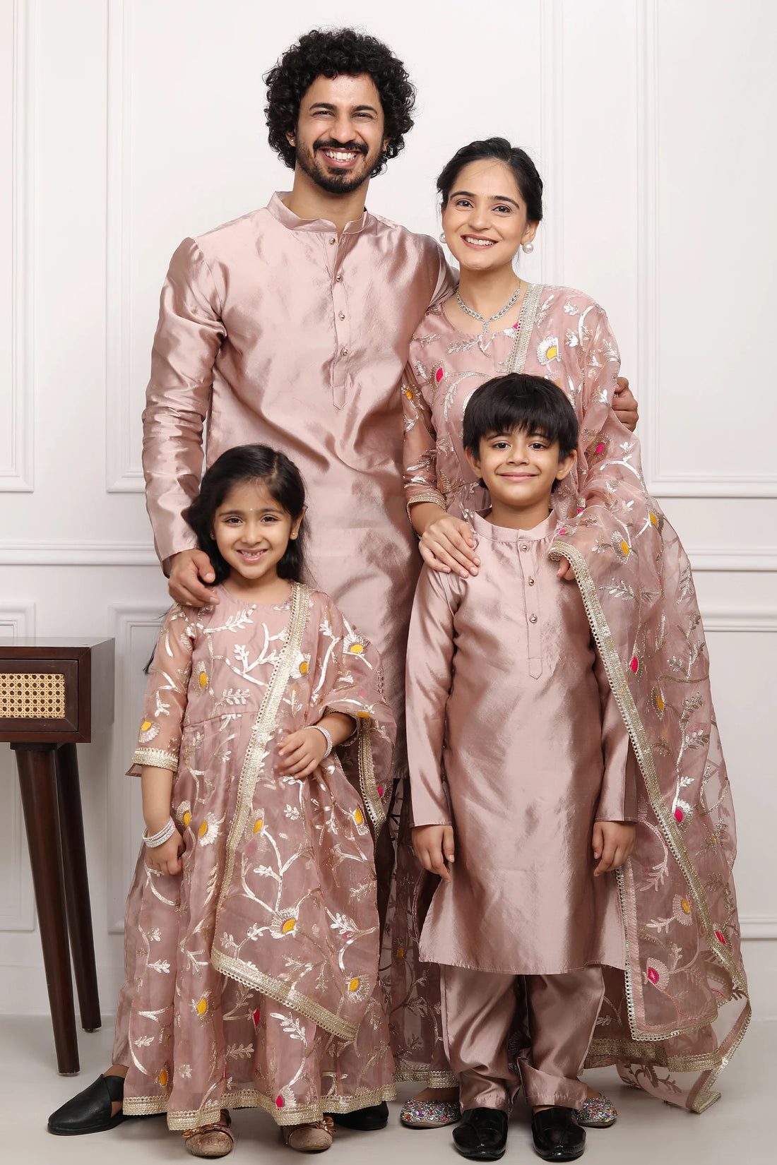 Ethnic Beige Gota Patti Gown with Matching Kurta Pyjama Family Set