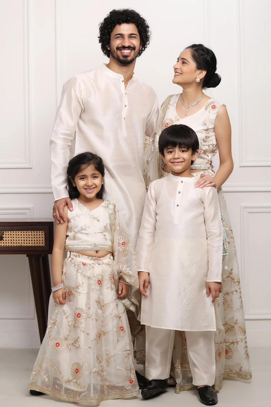 Ivory Gota Patti Lehenga Choli With Matching Kurta Pyjama Family Ensemble