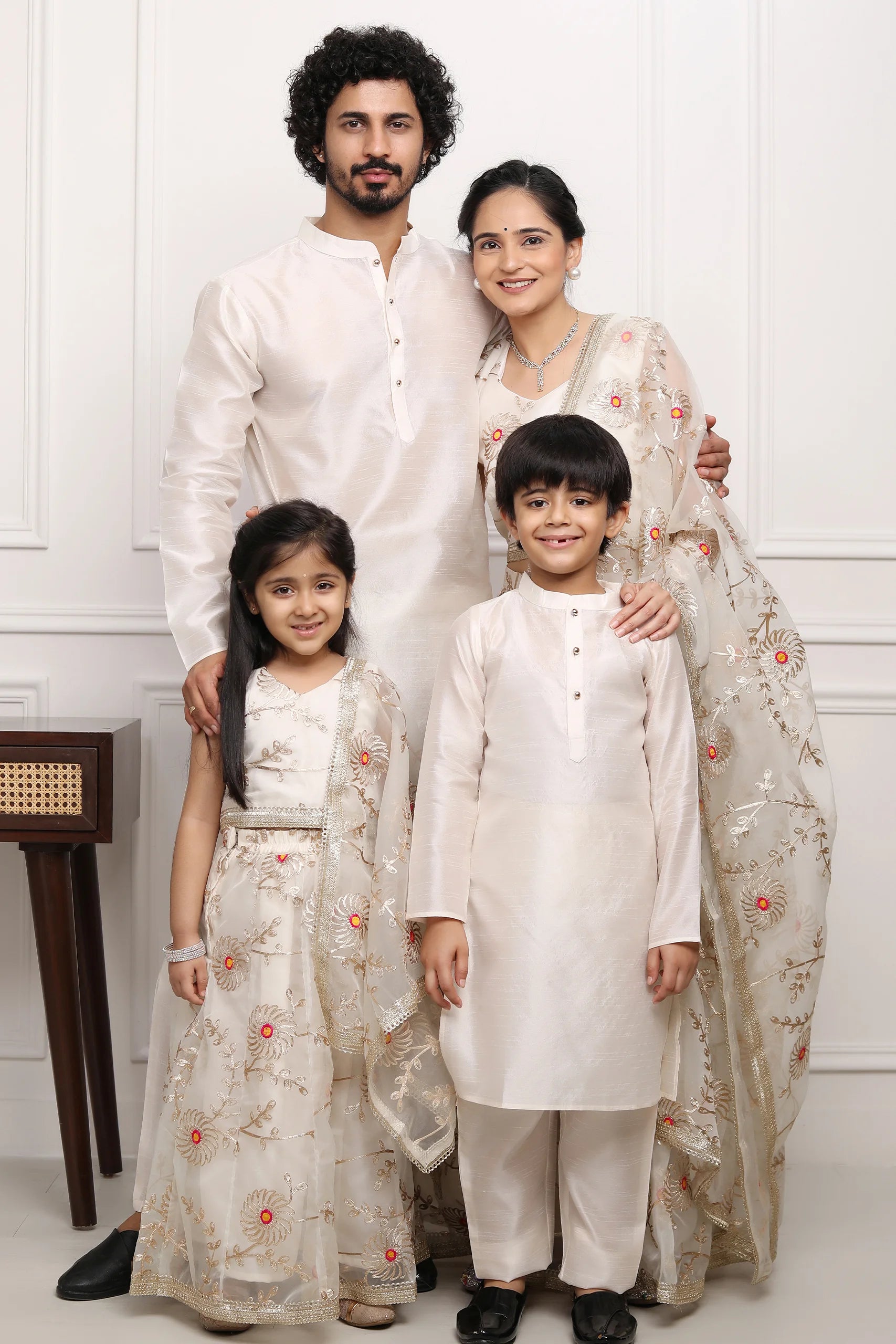 Ivory Gota Patti Lehenga Choli With Matching Kurta Pyjama Family Ensem