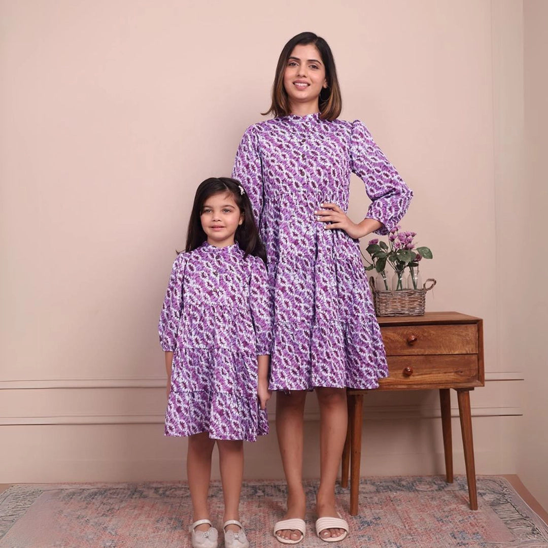 Twin Style Statements: Purple Cotton Collar Dresses for Mom and Daughter