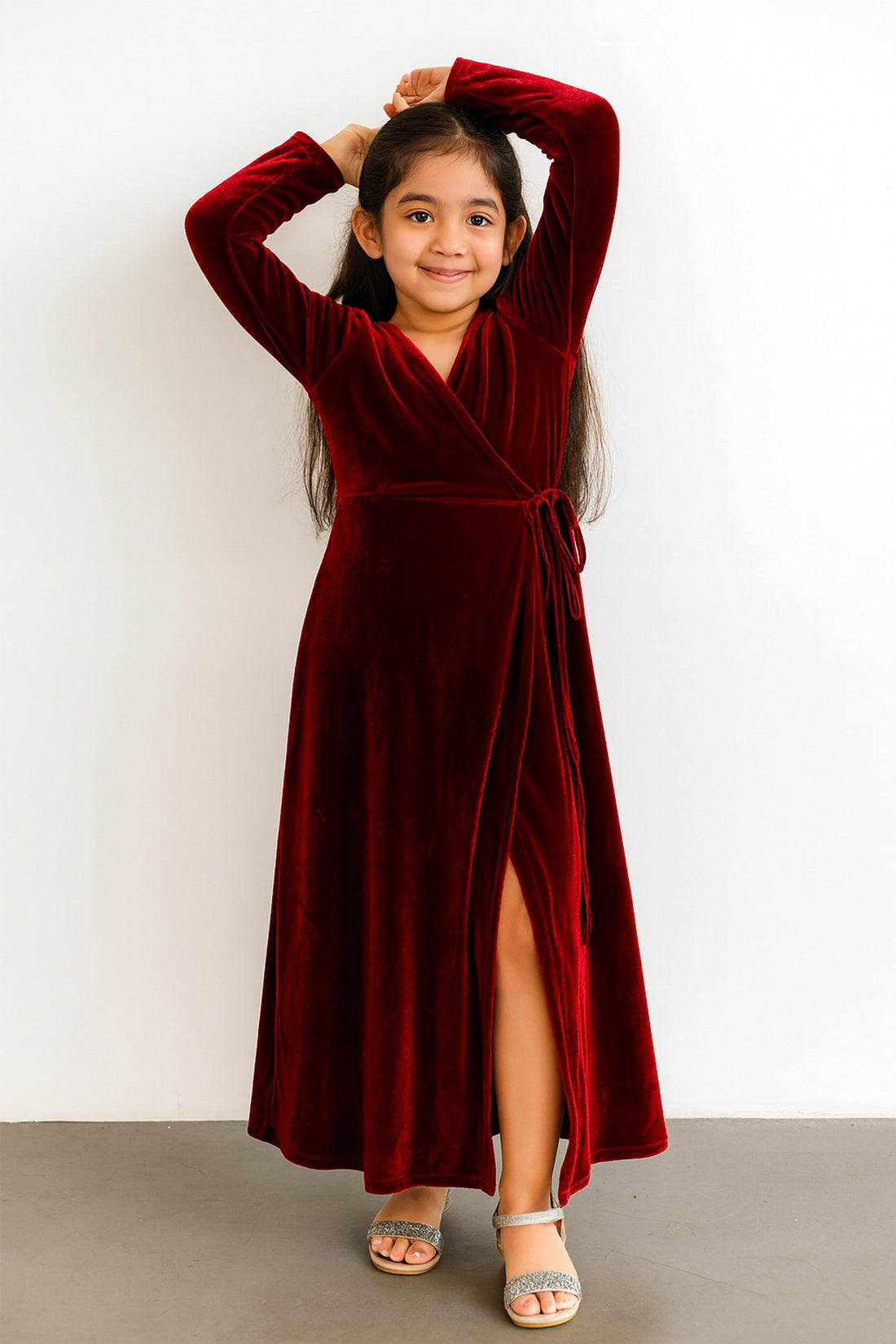 Maroon Velvet Tie-Waist Maxi Dress For Kid