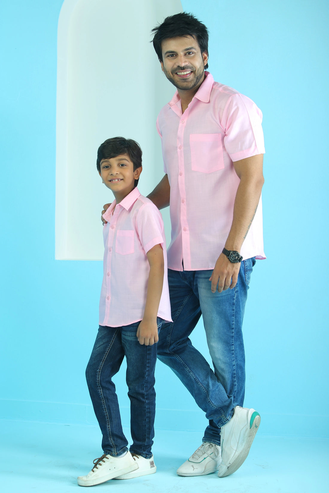 Powder Pink Ruby Cotton Matching Shirts for Father and Son