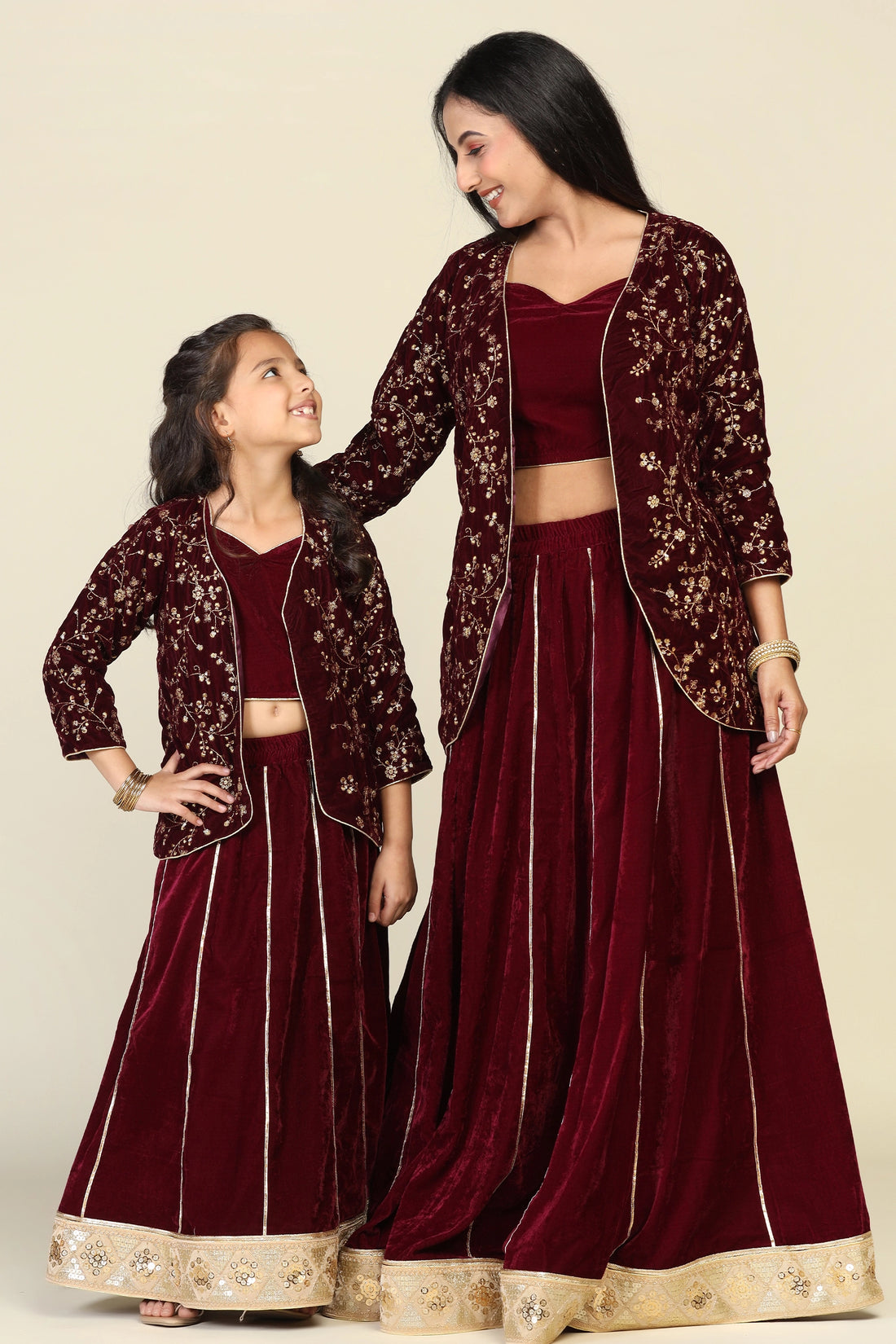 Graceful Wine-themed Zari Work Lehenga Set for Mom and Daughter