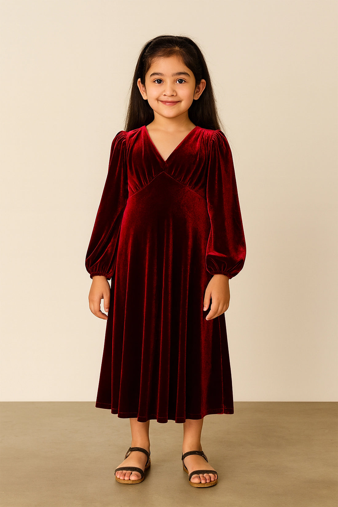 Maroon Velvet Evening Dress with Long Sleeves For Kid