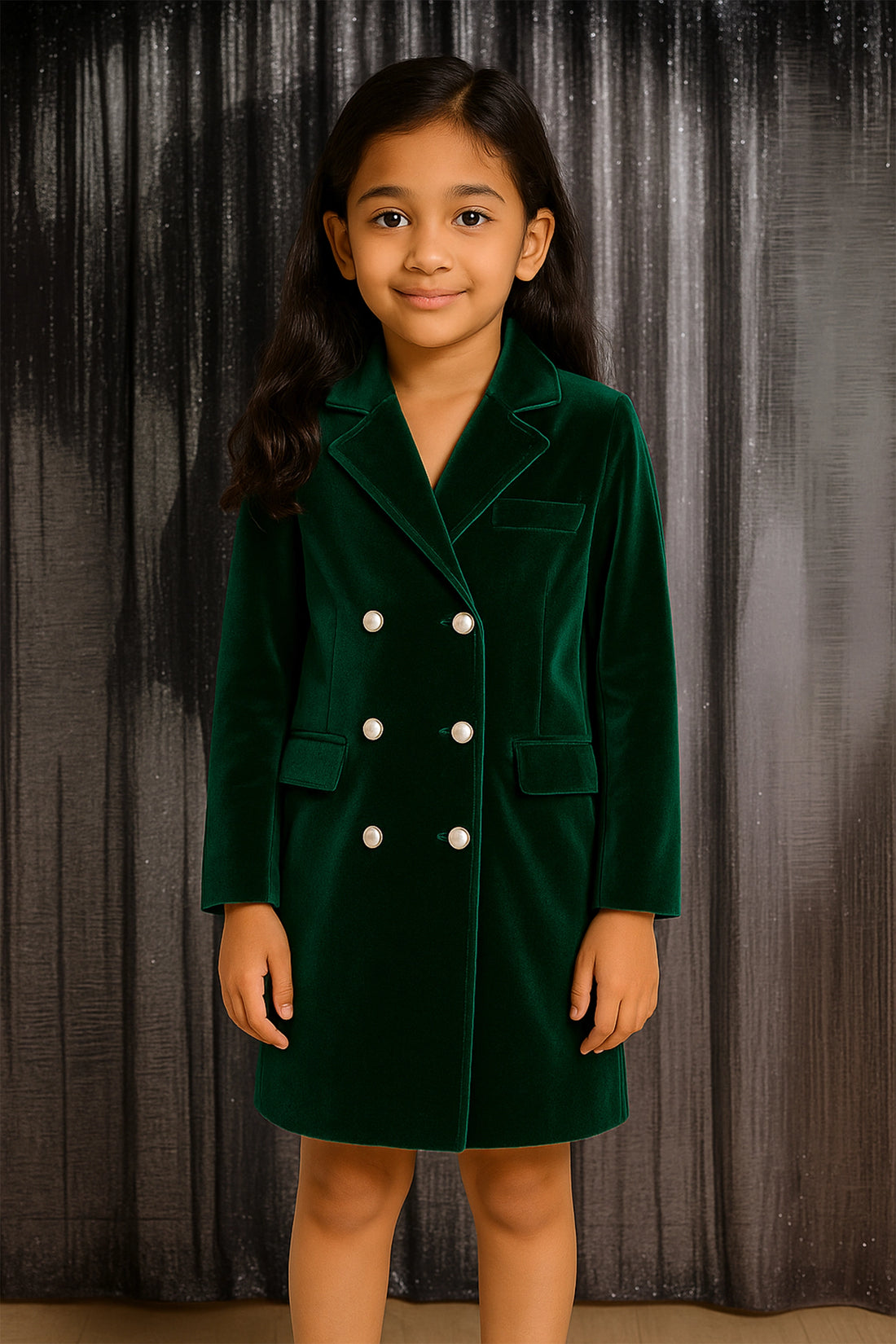 Green Velvet Double-Breasted Blazer Mini Dress For Kid