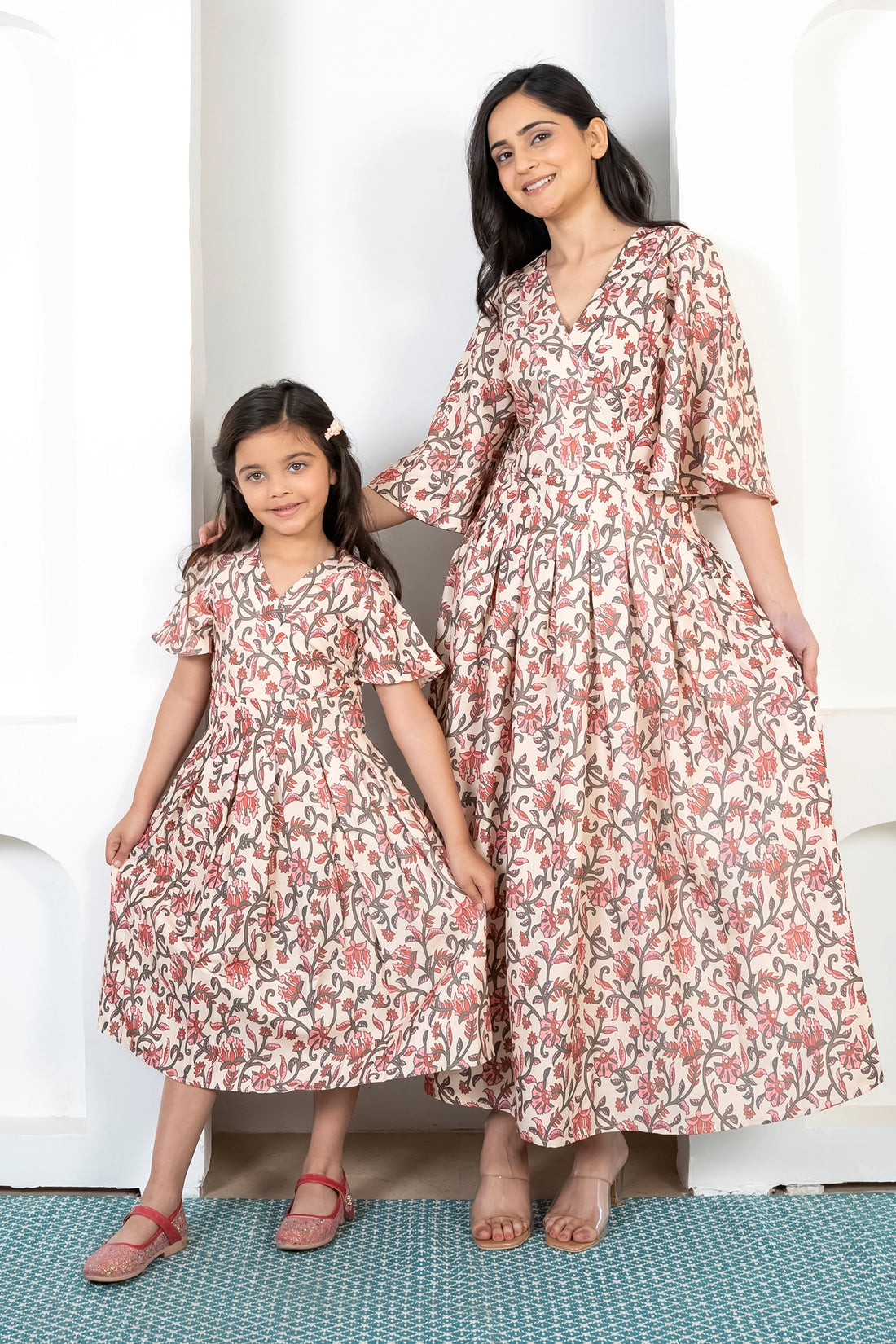 Matching Summer Wear Outfits: Comfy Cream and Red Floral Printed Maxi Dresses for Mom and Daughter