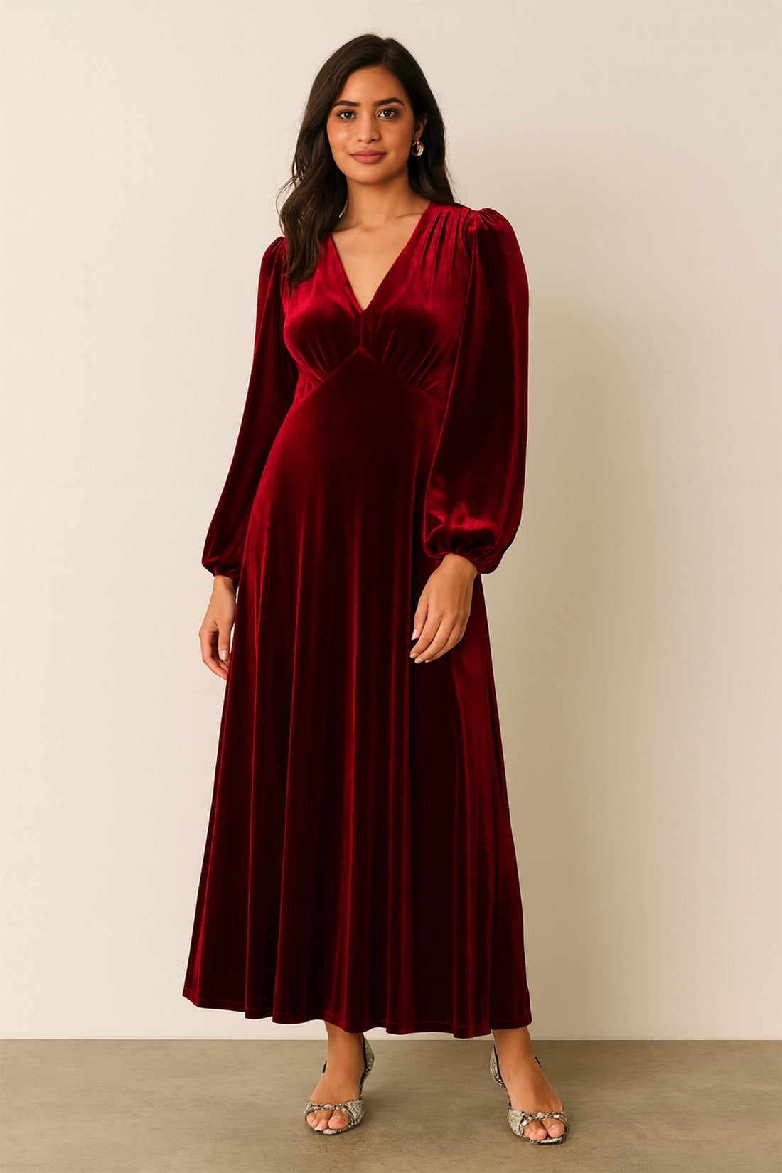 Maroon Velvet Evening Dress with Long Sleeves