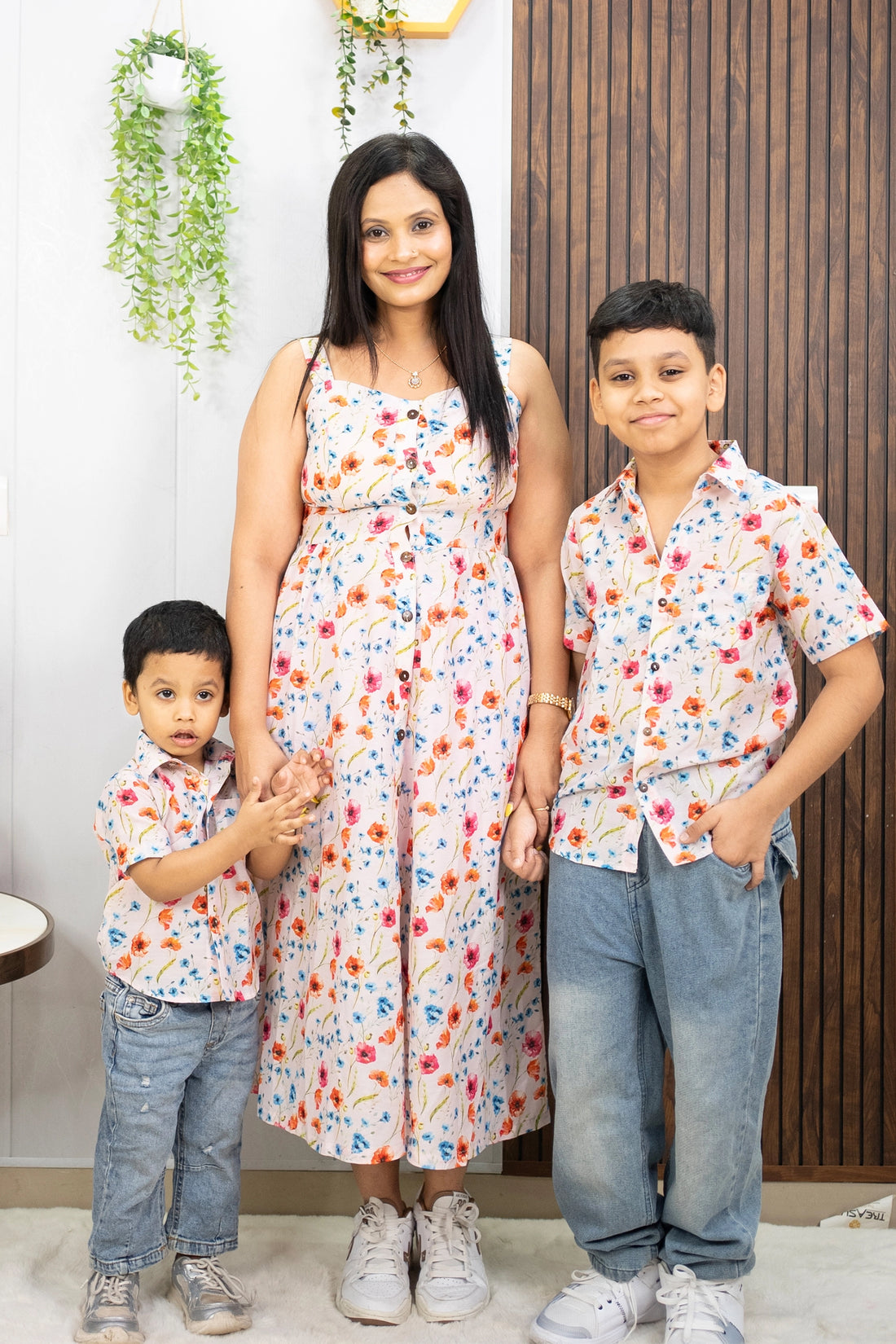 Peach Floral Printed Maxi Dress with Matching Shirt ( Mom and Son Twin Set )