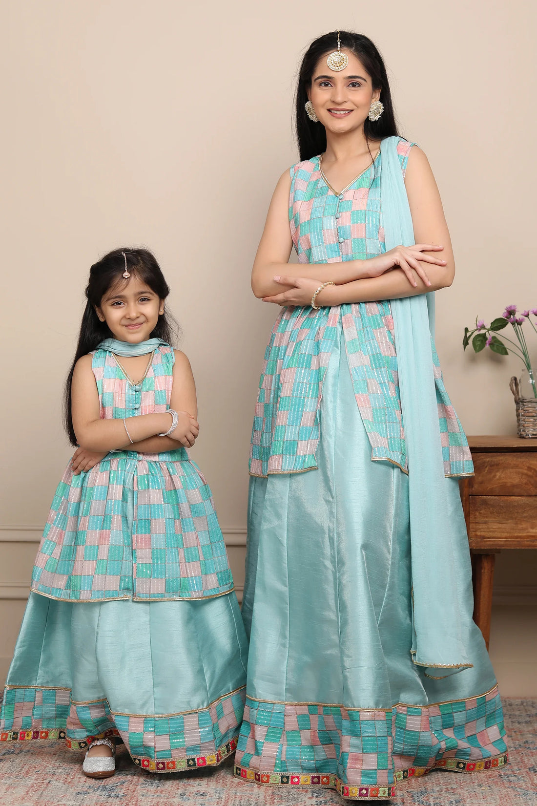 Shining Aqua Blue Lehenga and Peplum Top: Mom & Daughter Set