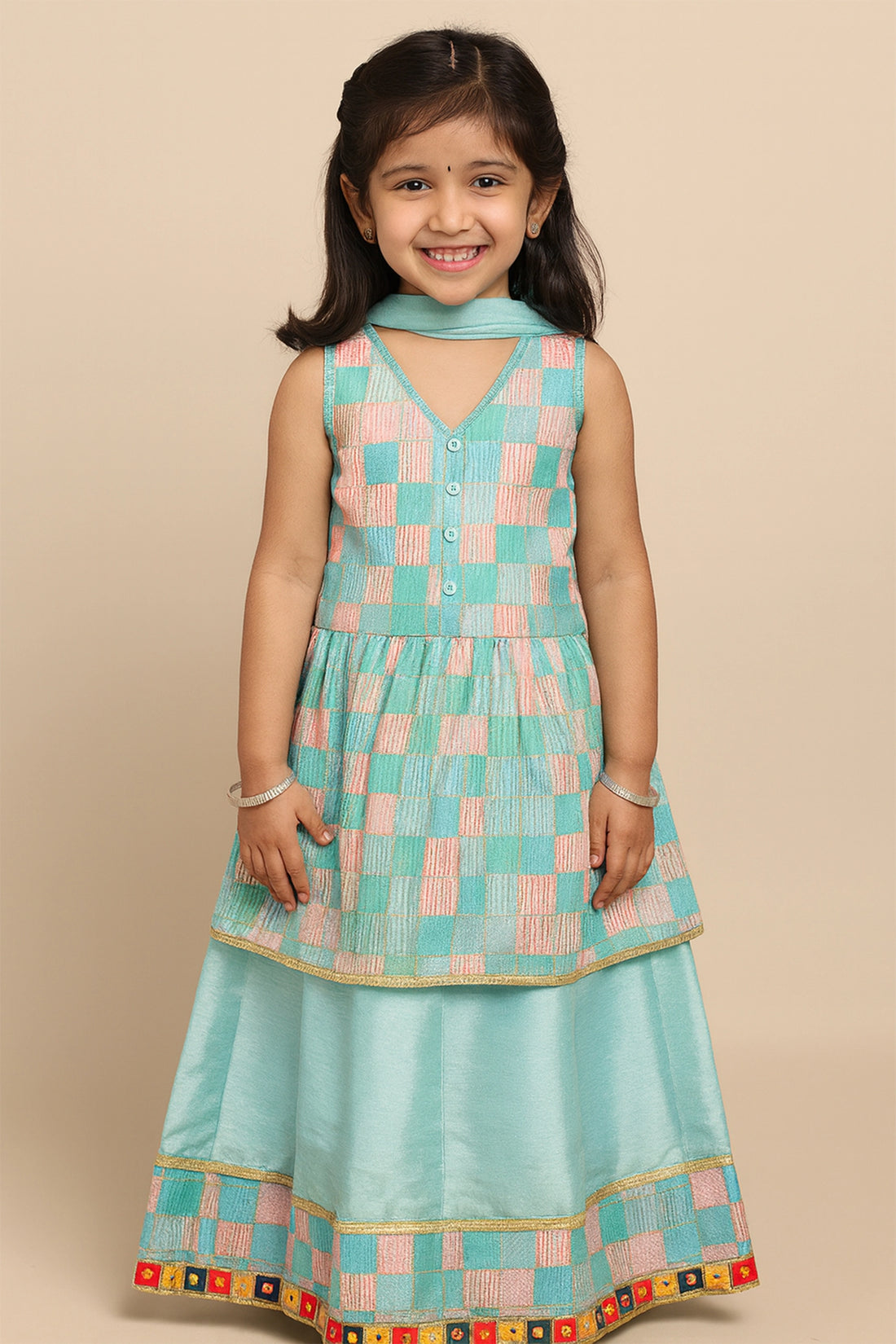 Shining Aqua Blue Lehenga and Peplum Top For Kid