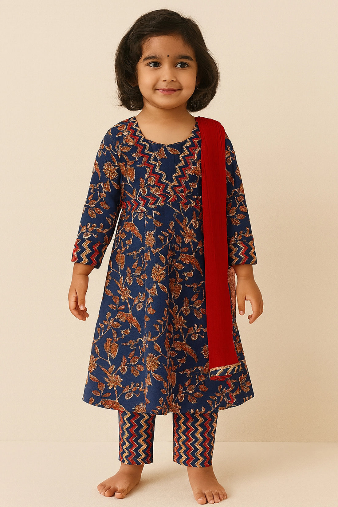 Navy Blue Printed Suit Set With Pants