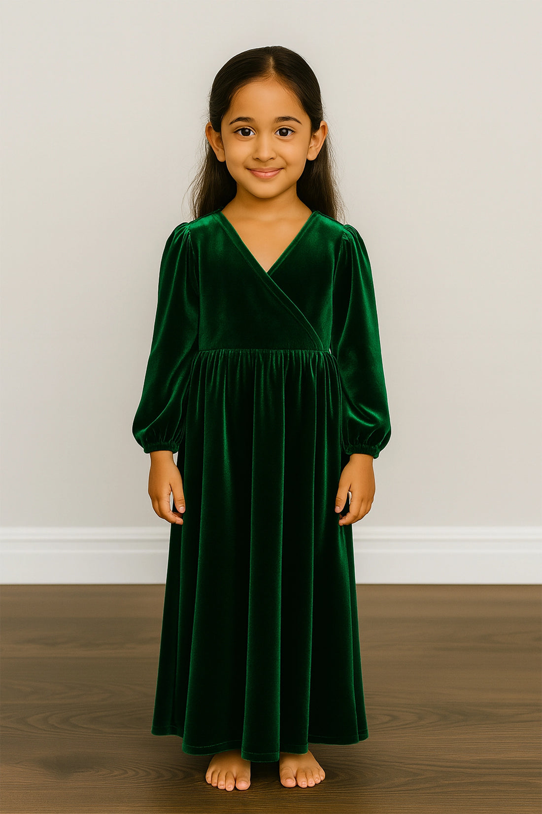 Green Velvet Evening Dress with Long Sleeves For Kid
