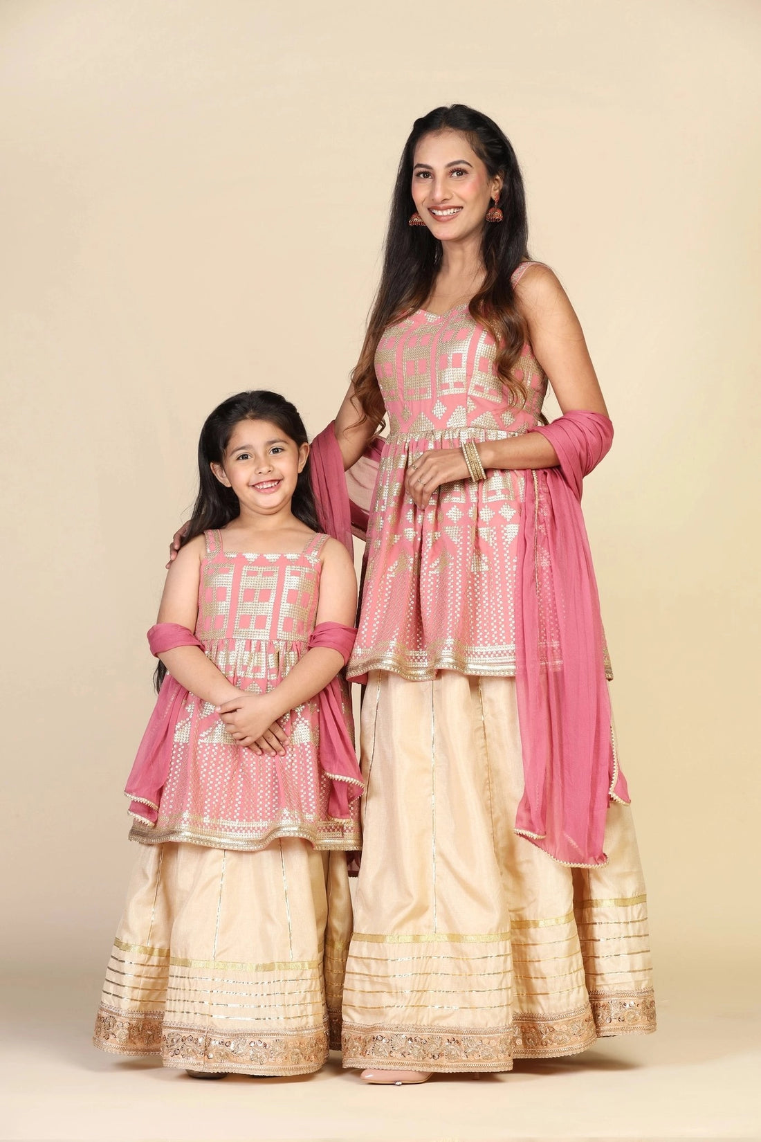 Rouge Kurta with Golden lehenga For Mom & Daughter Twin Set