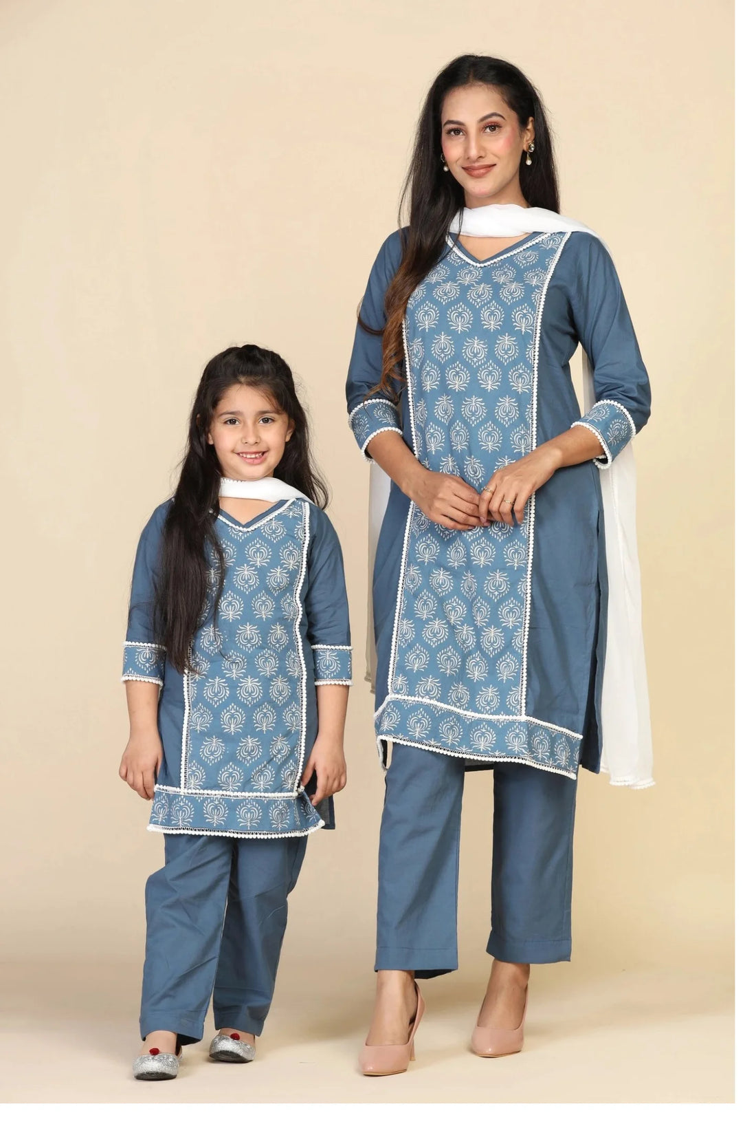 Light Blue Suit with White Dupatta For Mom & Daughter