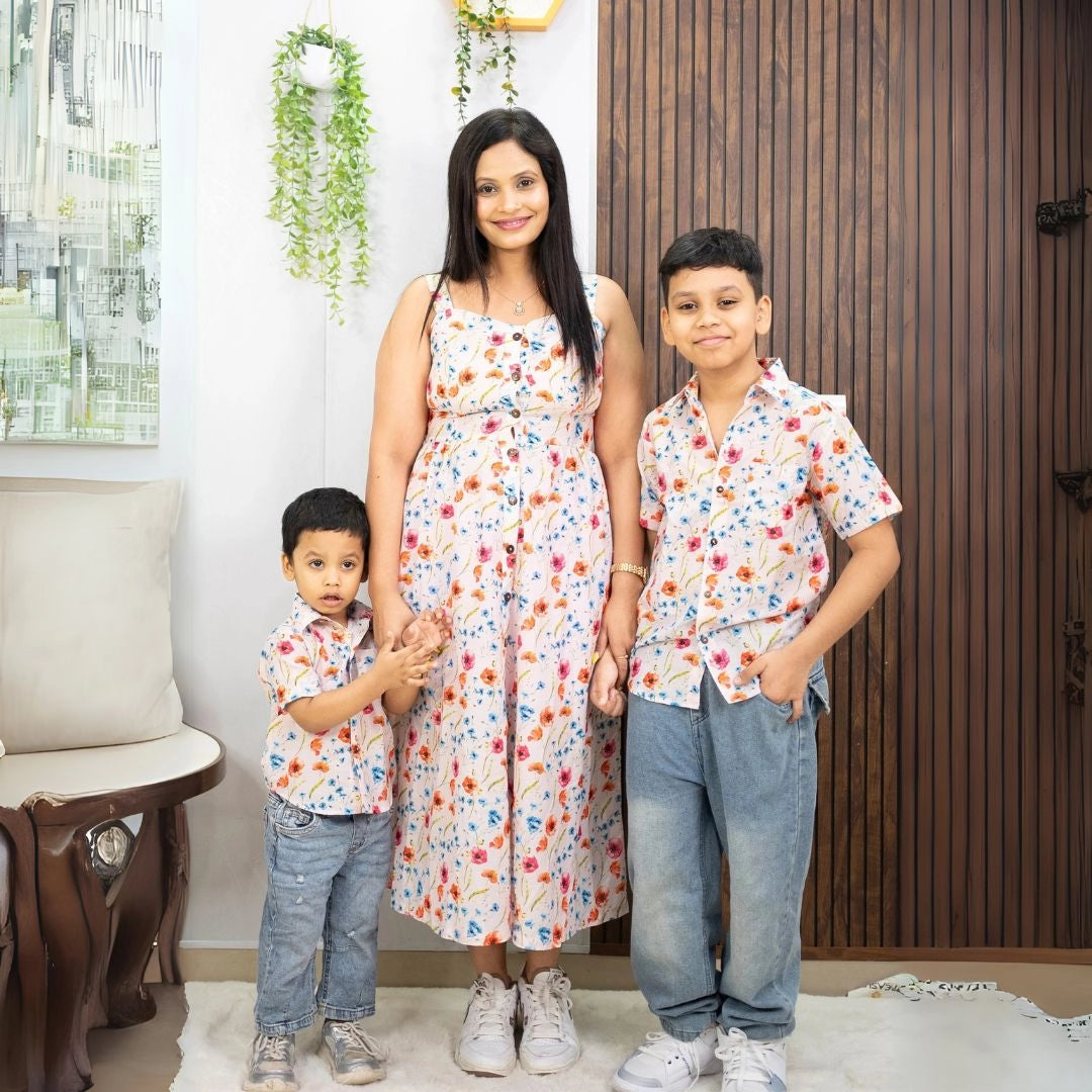 Peach Floral Printed Maxi Dress with Matching Shirt ( Mom and Son Twin Peach Floral Printed Maxi Dress with Matching Shirt ( Mom and Son Twin