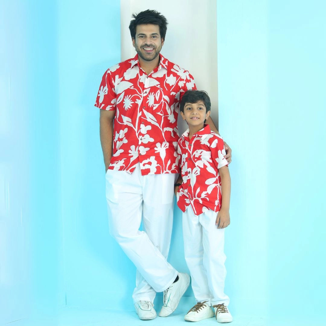 Red and White Floral Matching Shirts For Father and Son