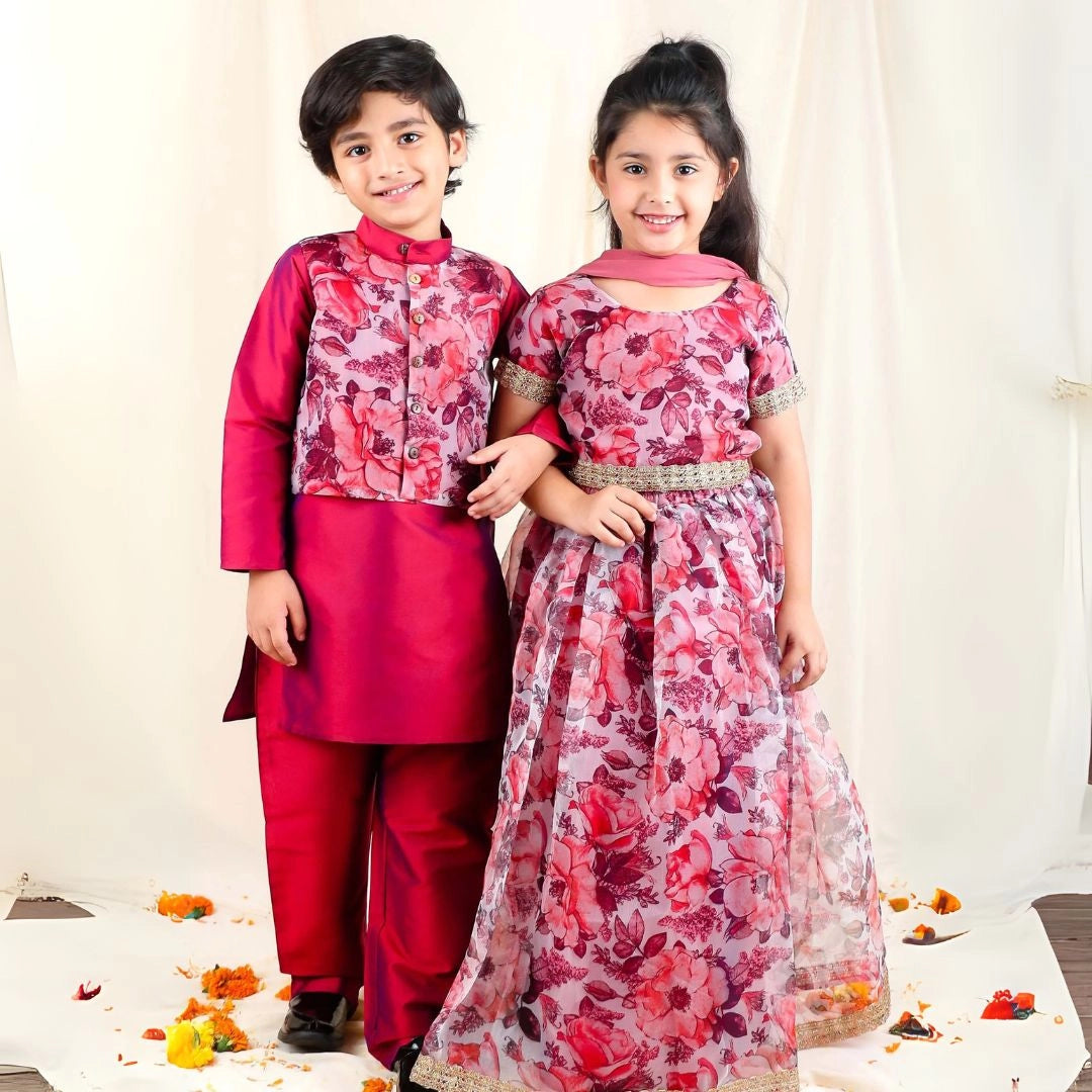 Maroon Floral Organza Matching Lehenga Choli and Kurta Pajama for Brother  and Sister