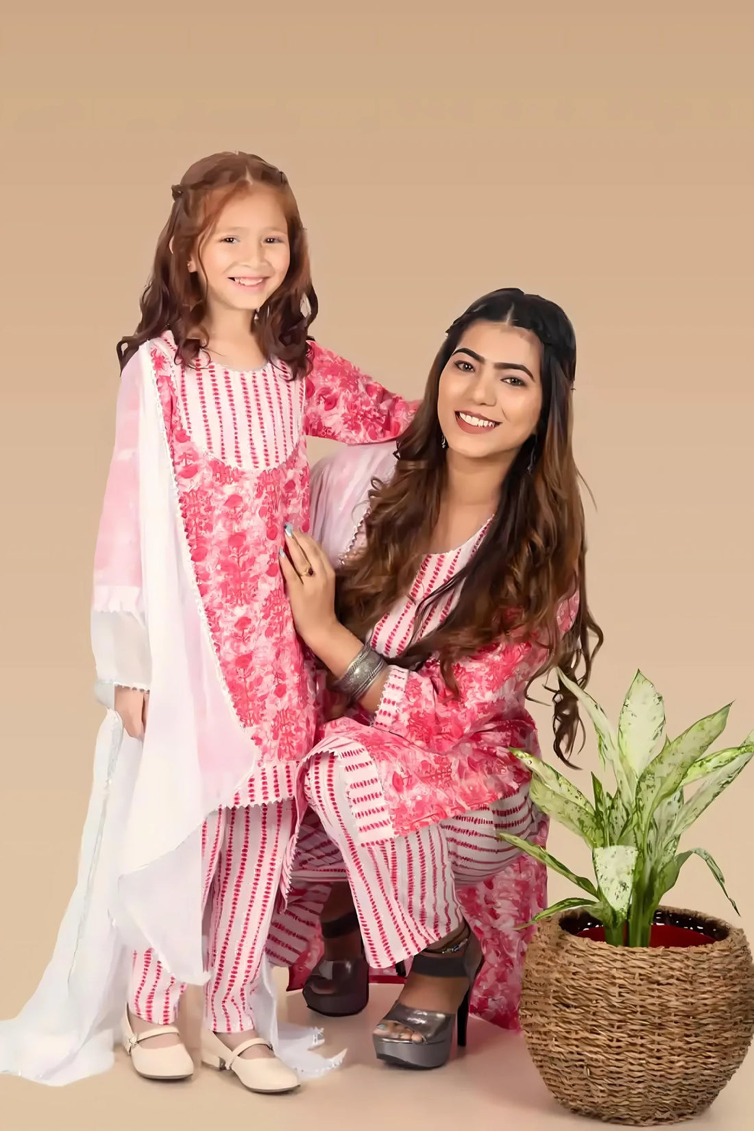 Twinning in Leheriya:  Pink and White Suit Set With Dupatta for Mom and Daughter