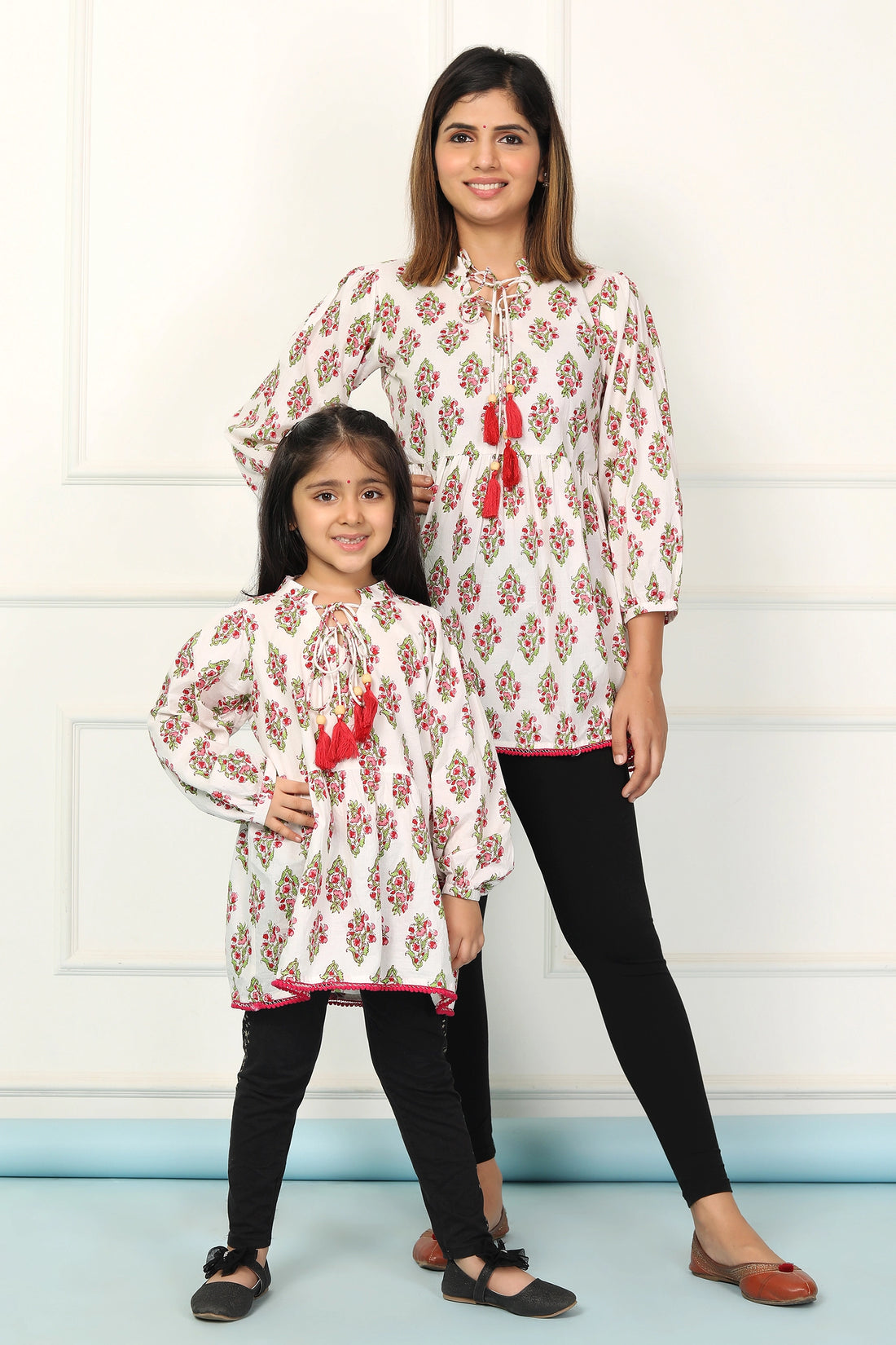 White and Red Block Printed Matching Tunic Mother and Daughter Twin Set