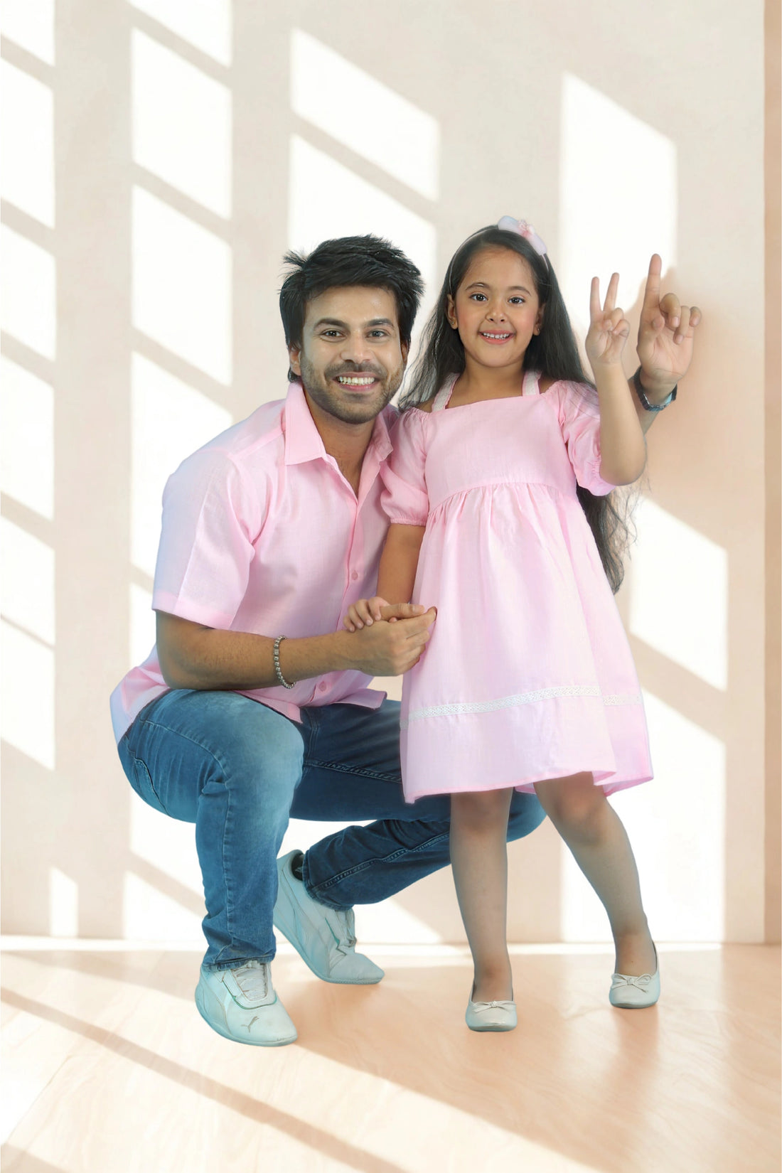 Powder Pink Ruby Cotton Olivia Off Shoulder Father and Daughter Set With Matching Dress & Shirt