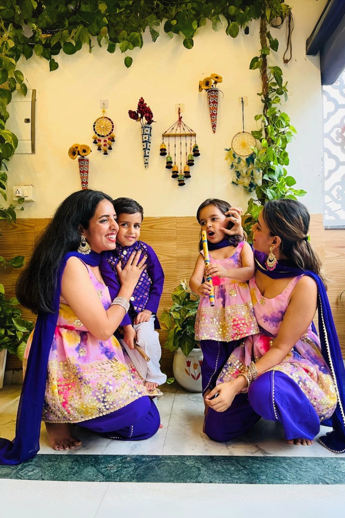 Purple Peplum Top With Dhoti And Matching Kurta Pyjama with Jacket ( Family Twin Set )