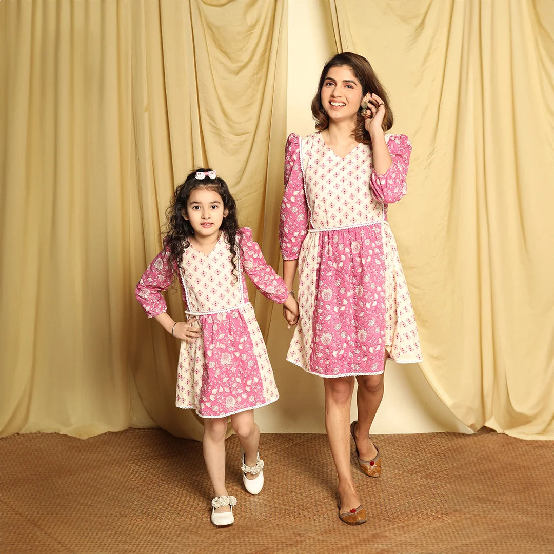 Mom Daughter Duo Rouge And Cream Printed Dress - Main Image