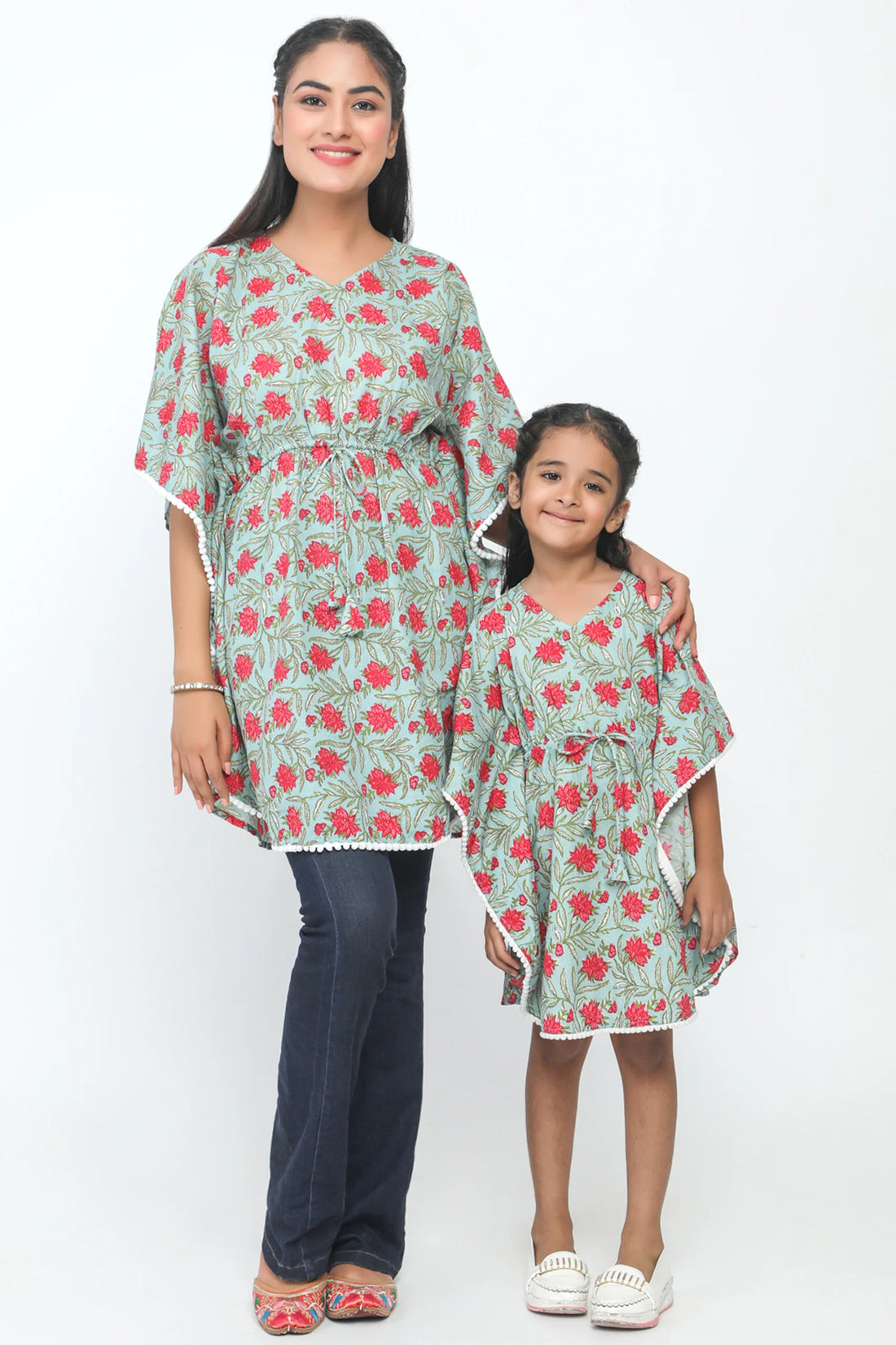 Mom and Daughter Green And Red Printed Matching Kaftan