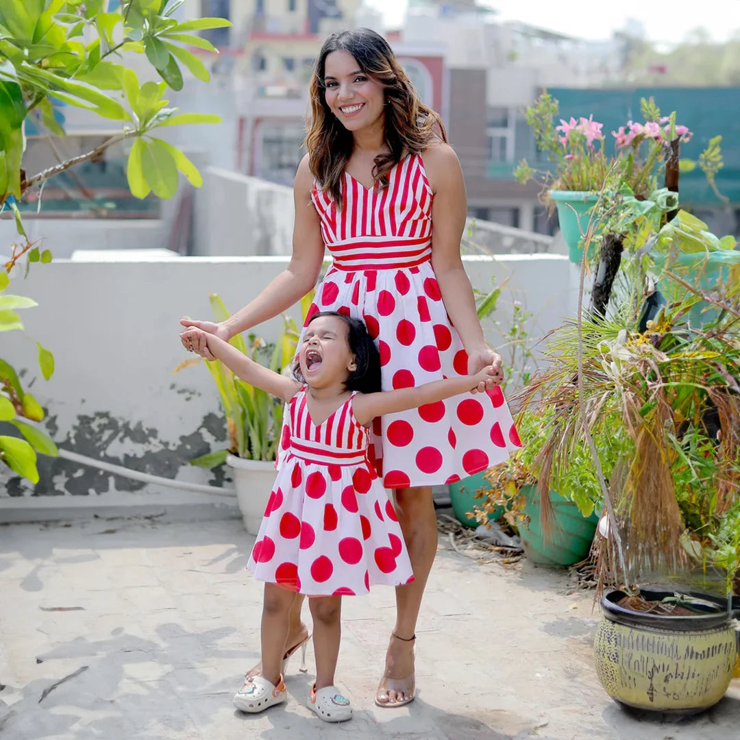 Radiant Red Polka Dot Matching Dresses for Mom and Daughter