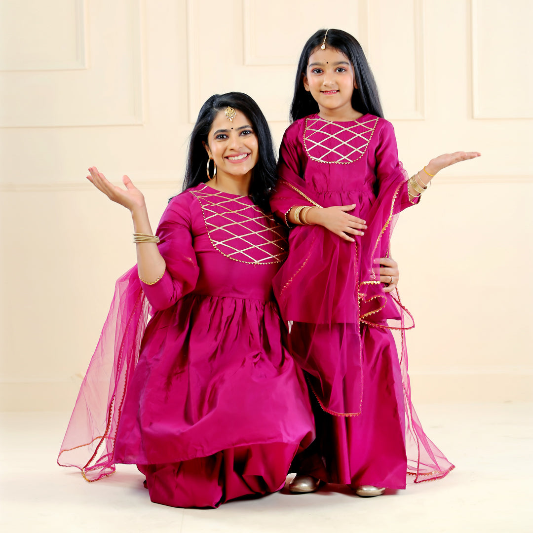 Matching Wine Noor Sharara Suit Set for Mom and Daughter