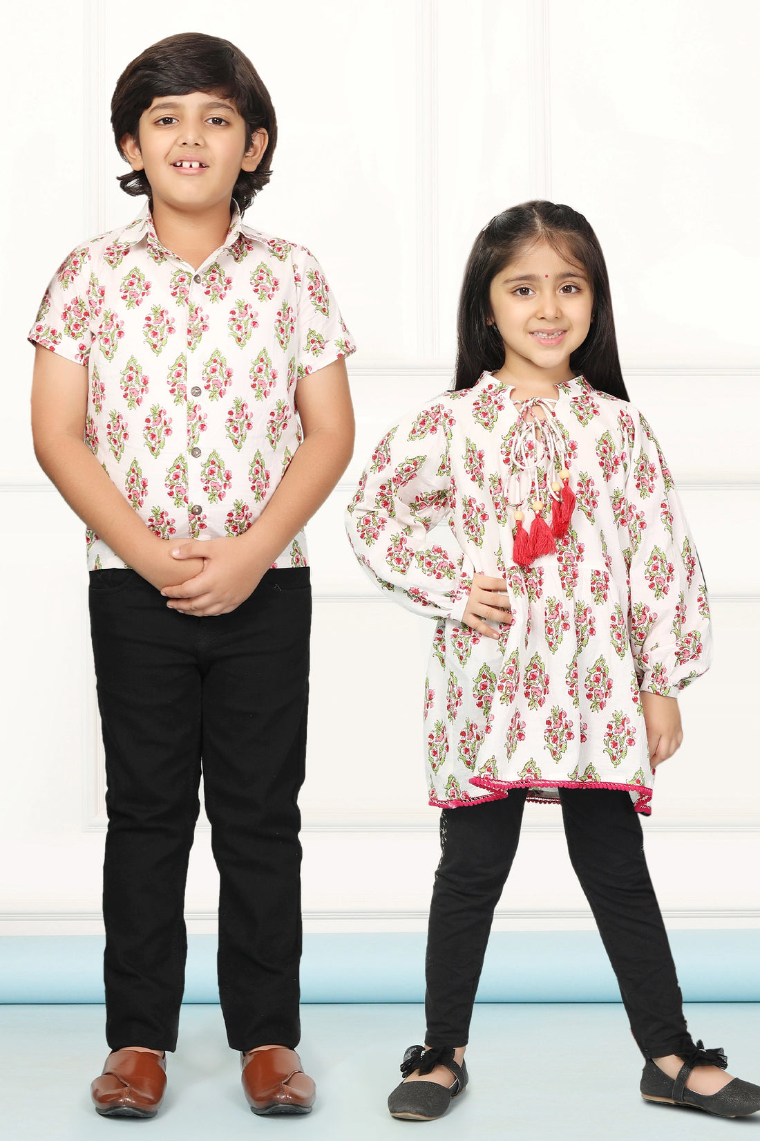 White and Red Block Printed Tunic with Matching Shirt Brother and Sister Twin Set