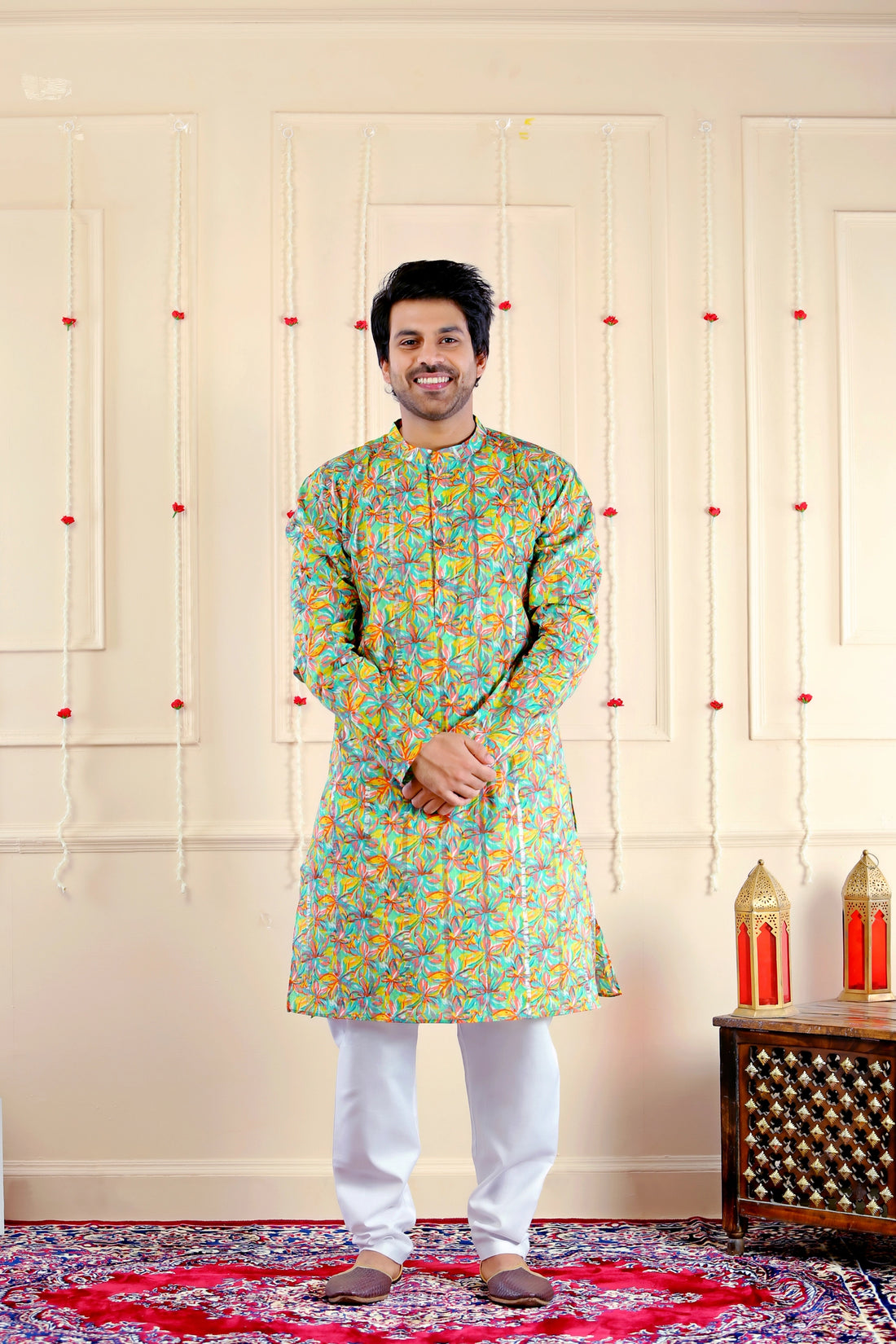 Soothing Green Multifloral Kurta Pyjama For Men